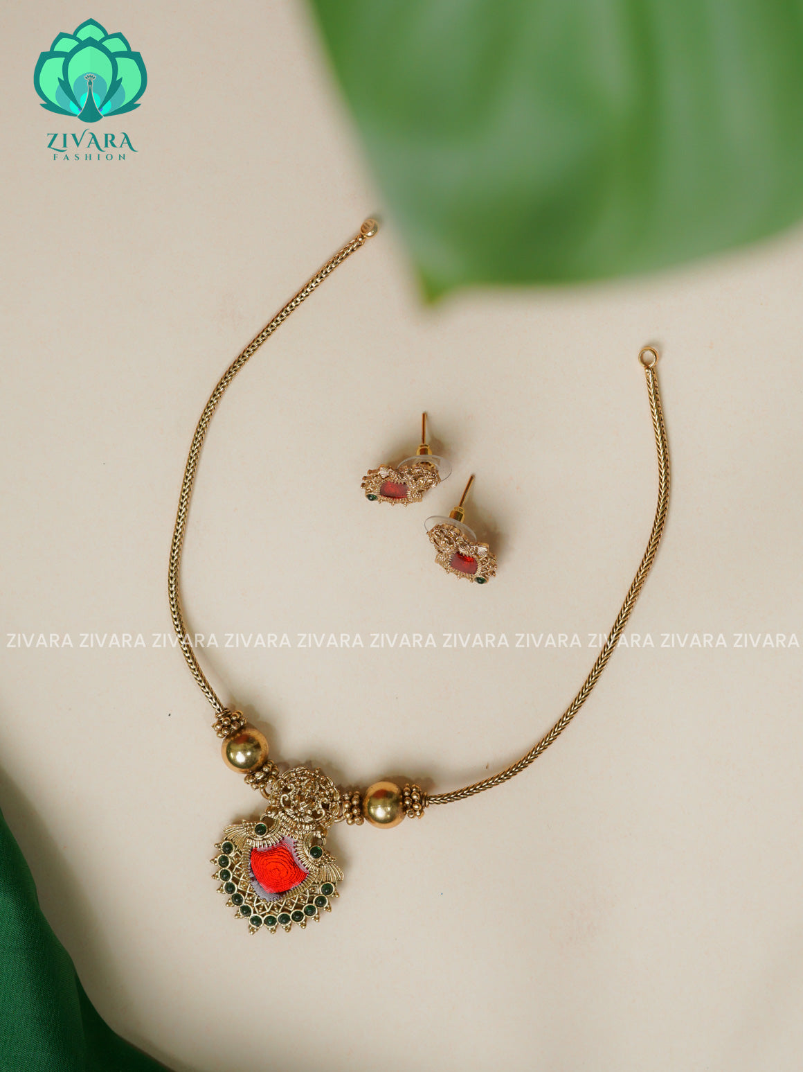 RED ENAMEL FROCK TEMPLE PENDANT with Flexible chain - Traditional south indian NORMAL MATTE PALLAKAD neckwear with earrings - Zivara Fashion