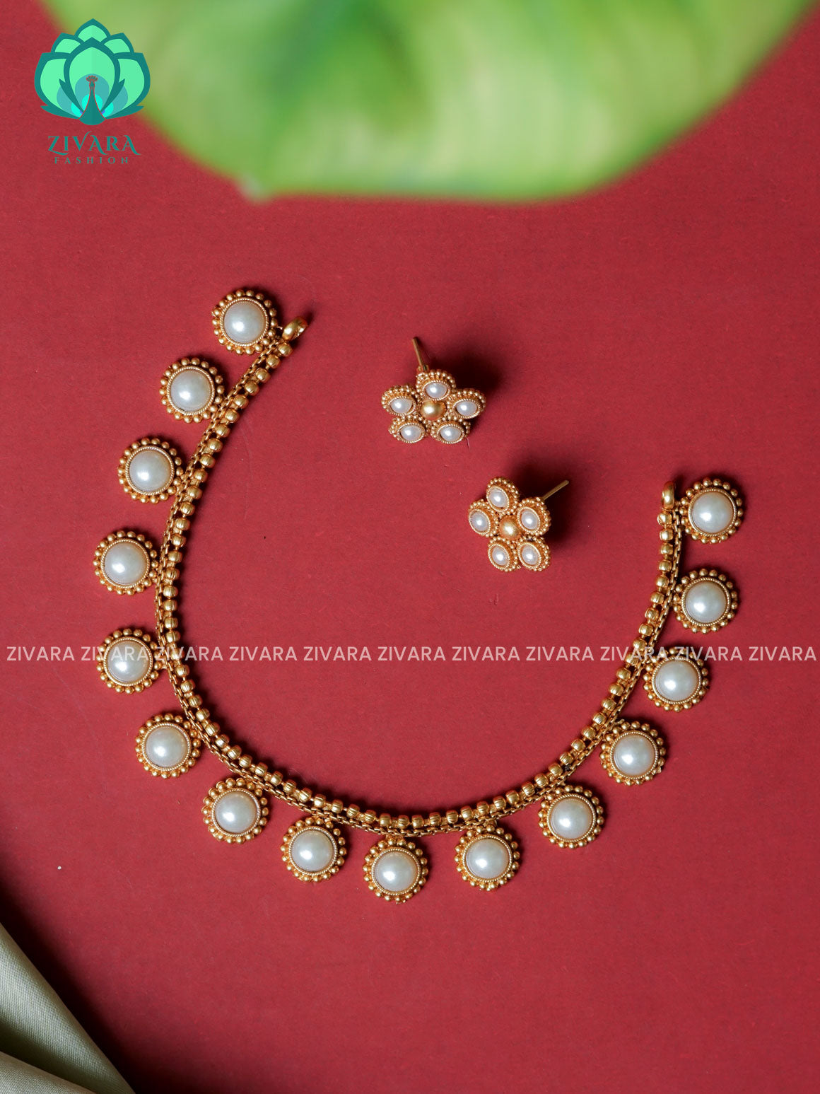 PEARL - CIRCLE MOTIF- -Traditional south indian NORMAL MATTE  neckwear with earrings- Zivara Fashion- latest jewellery design.