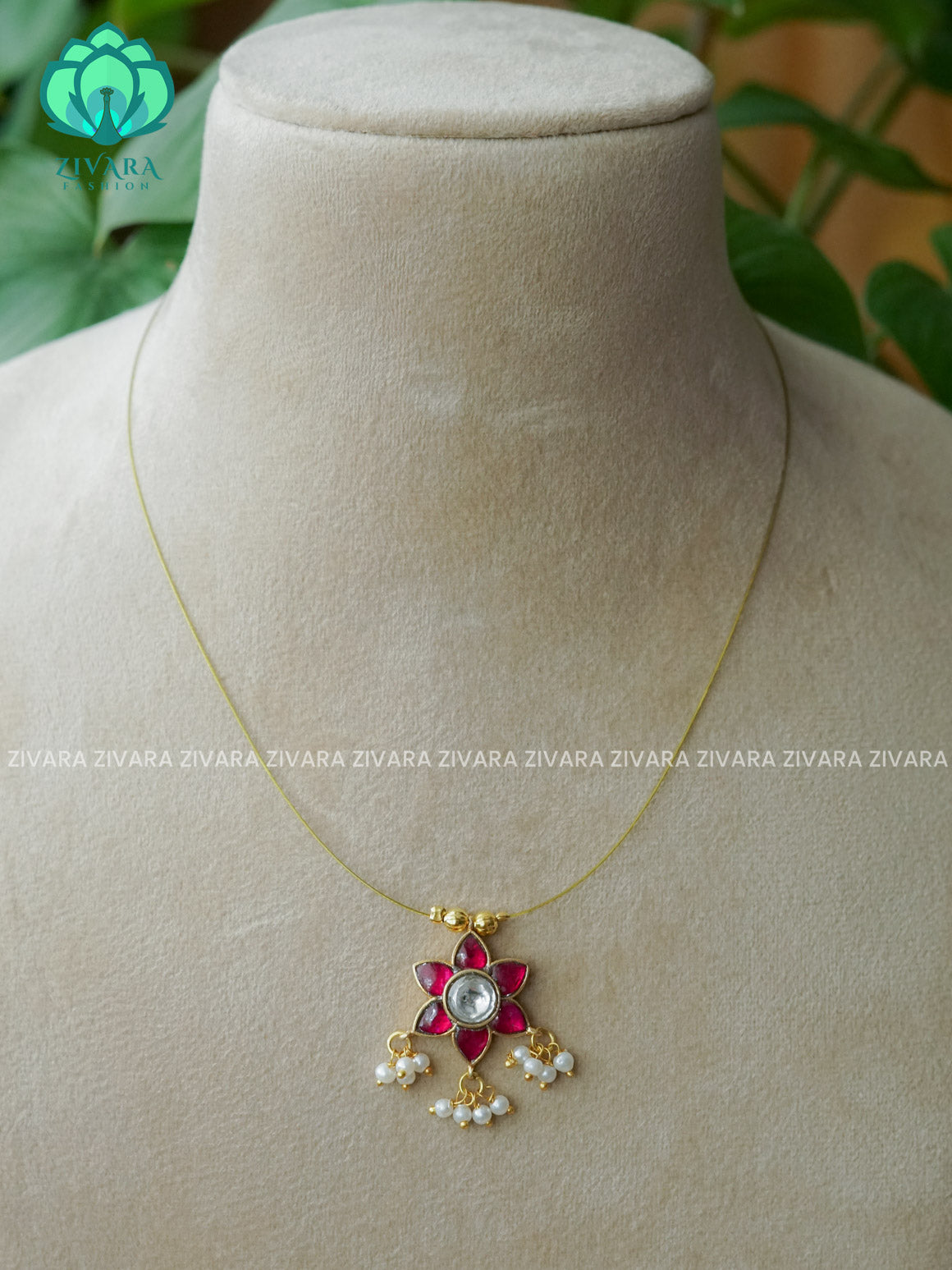 RUBY  WHITE - FLOWER JADAU TAMARA INVISIBLE MINIMAL ELEGANT HANDMADE NECKLACE WITH BRILLIANT FINISH MOTIFS- ZIVARA FASHION