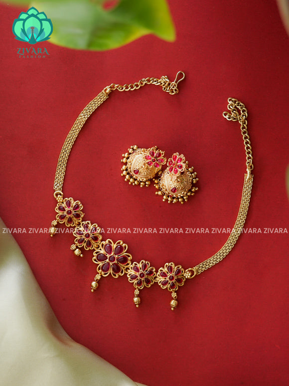 Ruby - Trending  flower choker with earrings-latest south indian jewellery