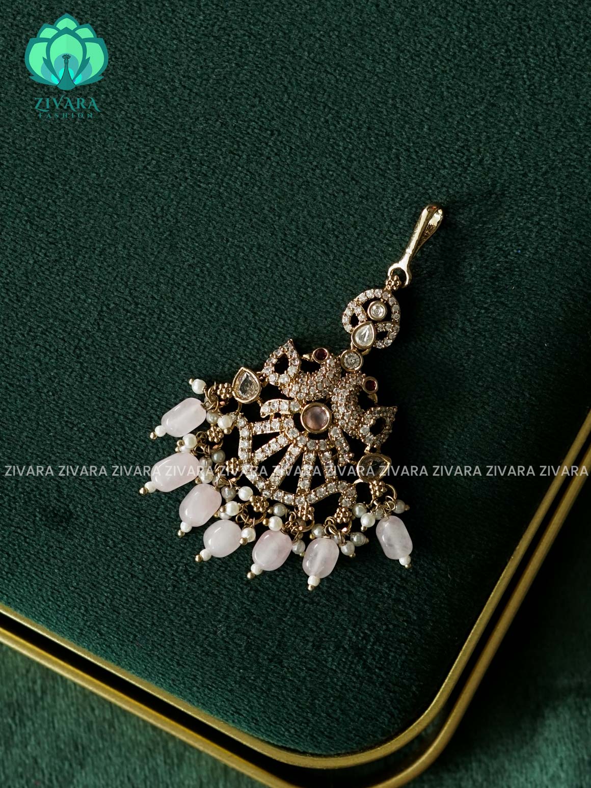 PEACOCK MOTIF AD STONE CHUTTI WITH PASTEL PINK BEADS HANGINGS - bridal head accessory- latest bridal collection - Zivara fashion
