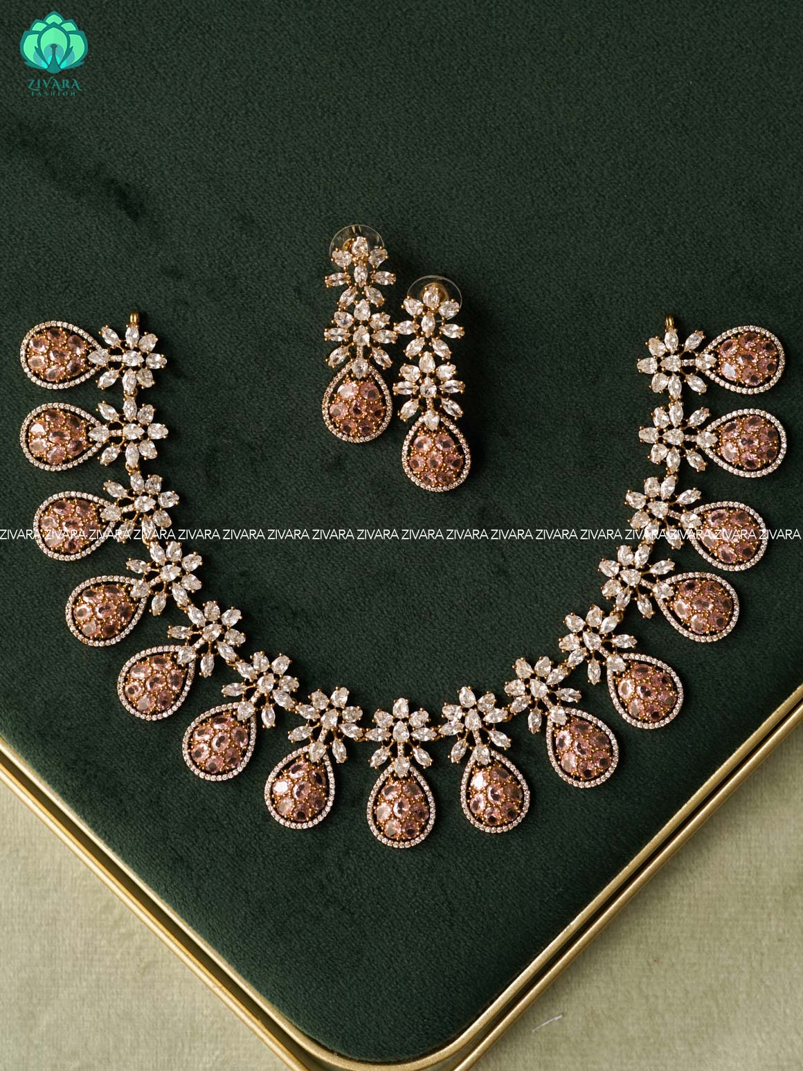 AKSHAYAM - PASTEL PINK TEAR STYLE FLORAL NECKWEAR WITH EARRINGS - Premium quality collection-south indian jewellery