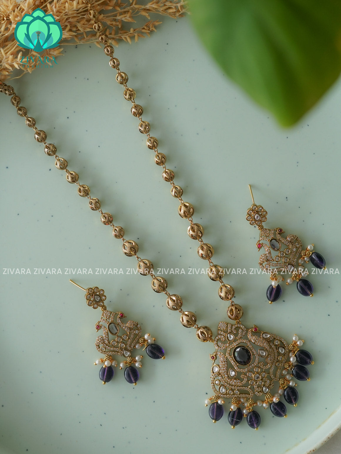 Purple  LONG  neckwear with earrings- CZ Matte Finish- Zivara Fashion