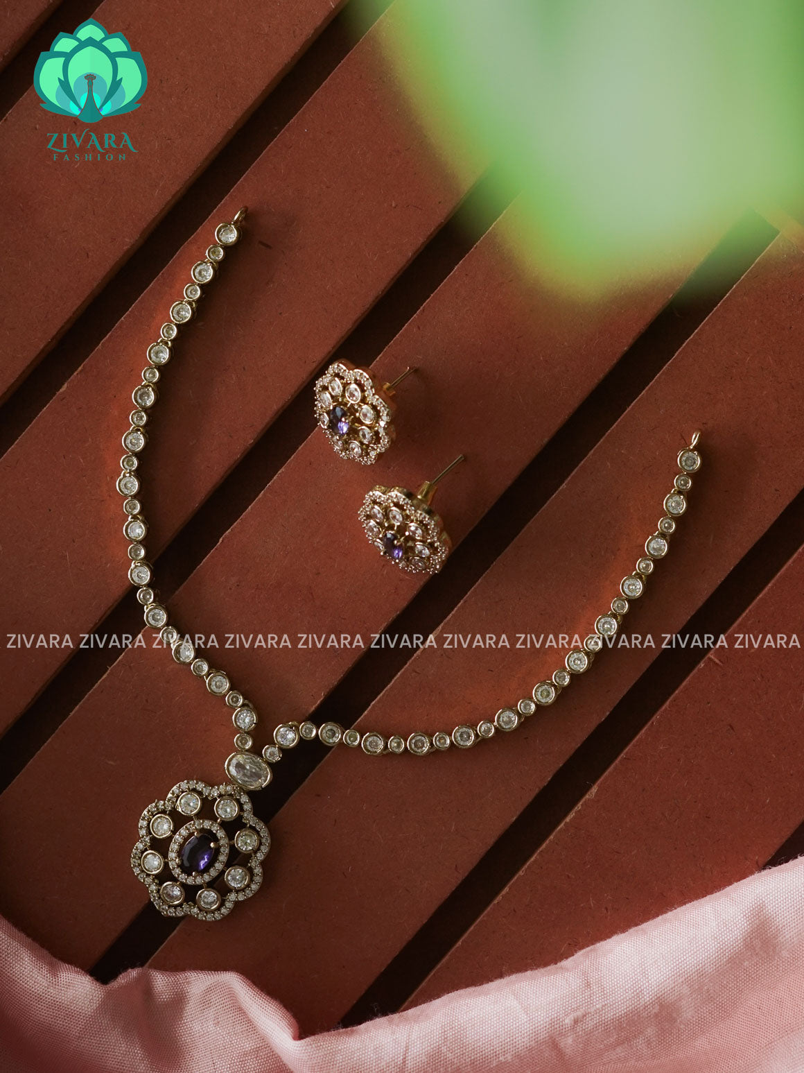 PURPLE-  HOT SELLING FLOWER PENDANT -SUBTLE GOLD POLISH  stylish and minimal elegant neckwear with earrings- Zivara Fashion