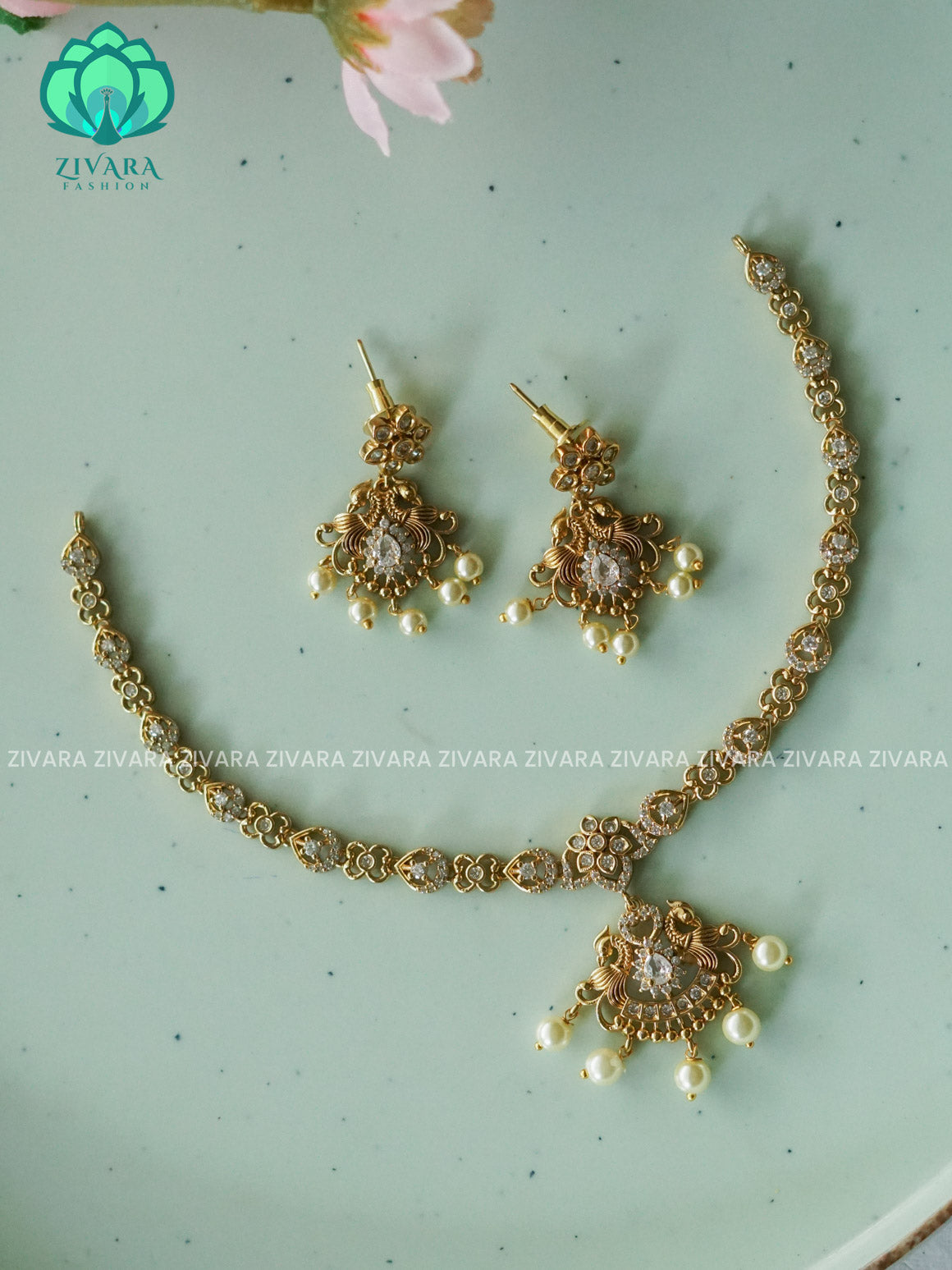 Kanya - WHITE STONE  DIAMOND REPLICA - SUBTLE POLISH stylish and minimal elegant neckwear with earrings- Zivara Fashion