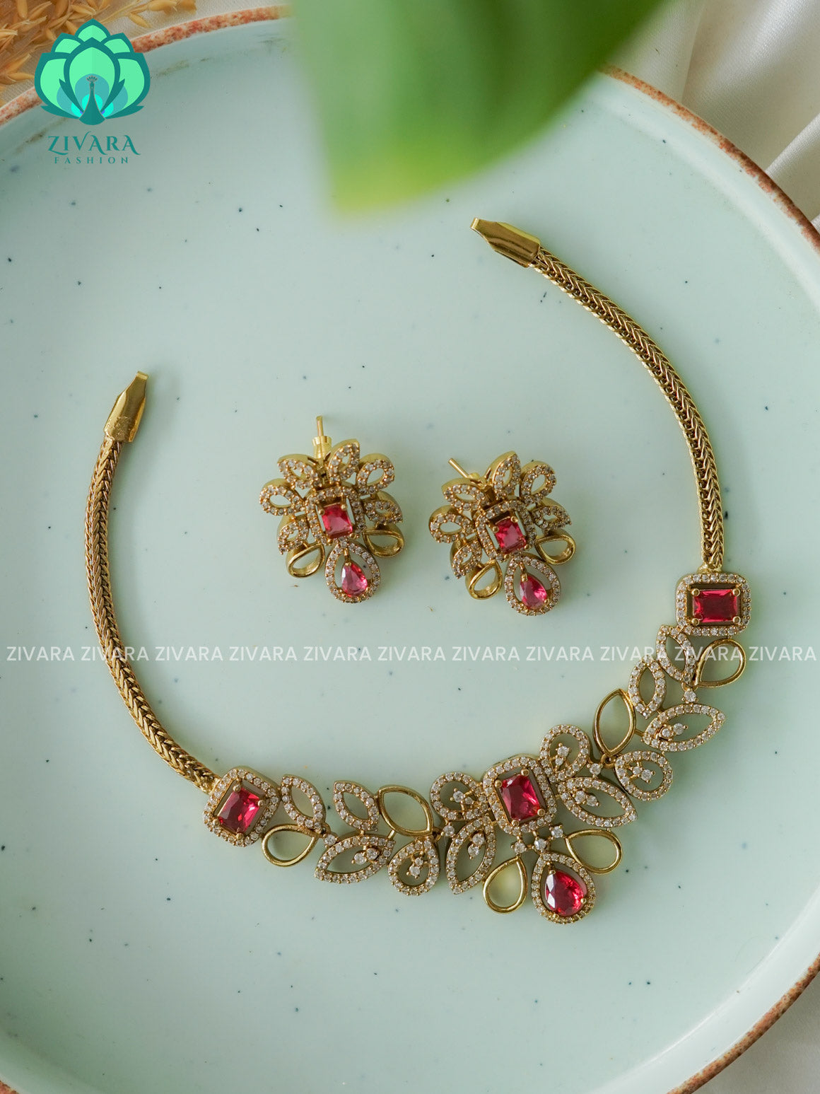 Ruby - Flexible chain leafy pendant   -Traditional south indian premium neckwear WITH earrings- Zivara Fashion- latest jewellery design