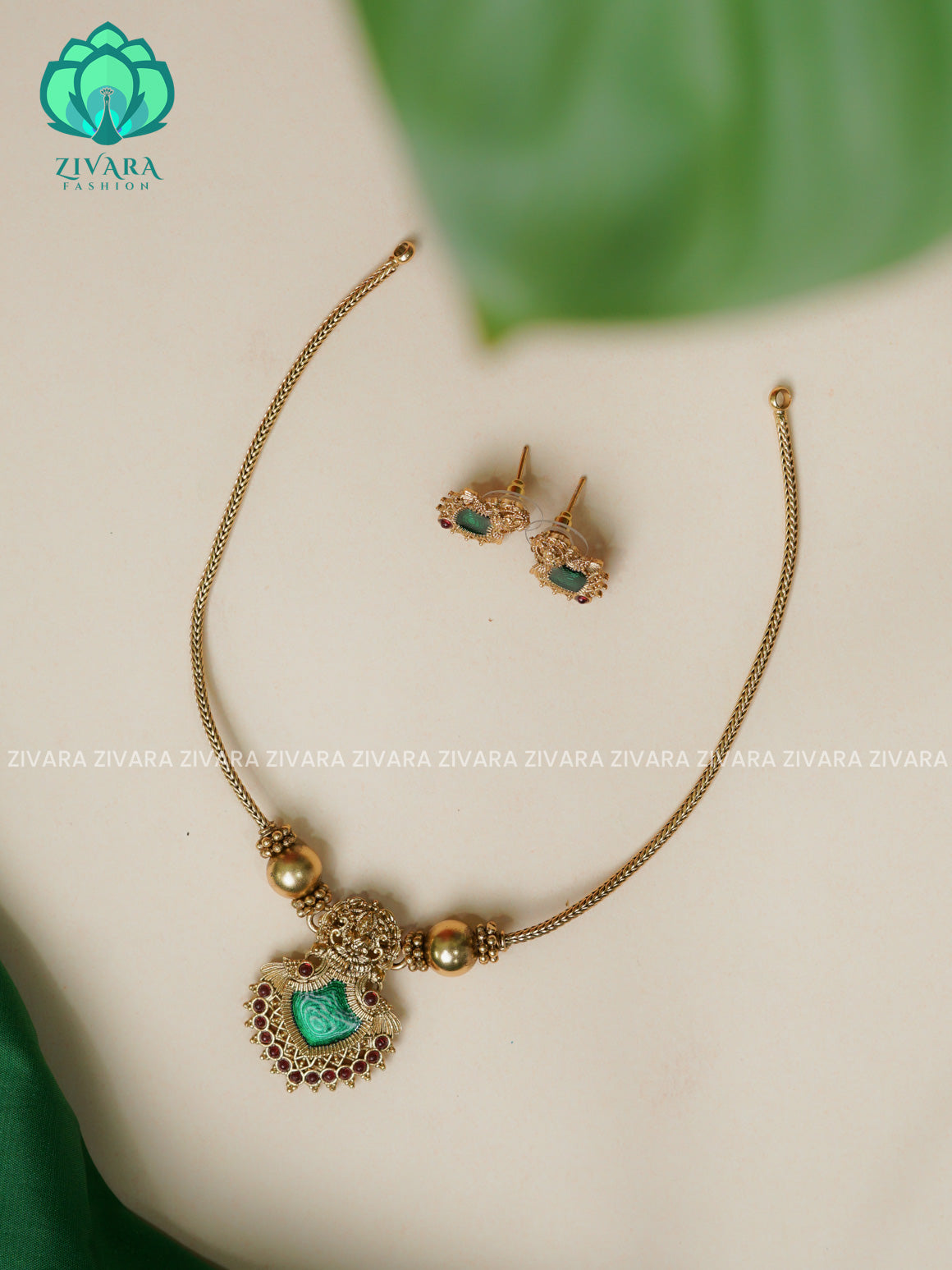 GREEN ENAMEL FROCK TEMPLE PENDANT with Flexible chain - Traditional south indian NORMAL MATTE PALLAKAD neckwear with earrings - Zivara Fashion