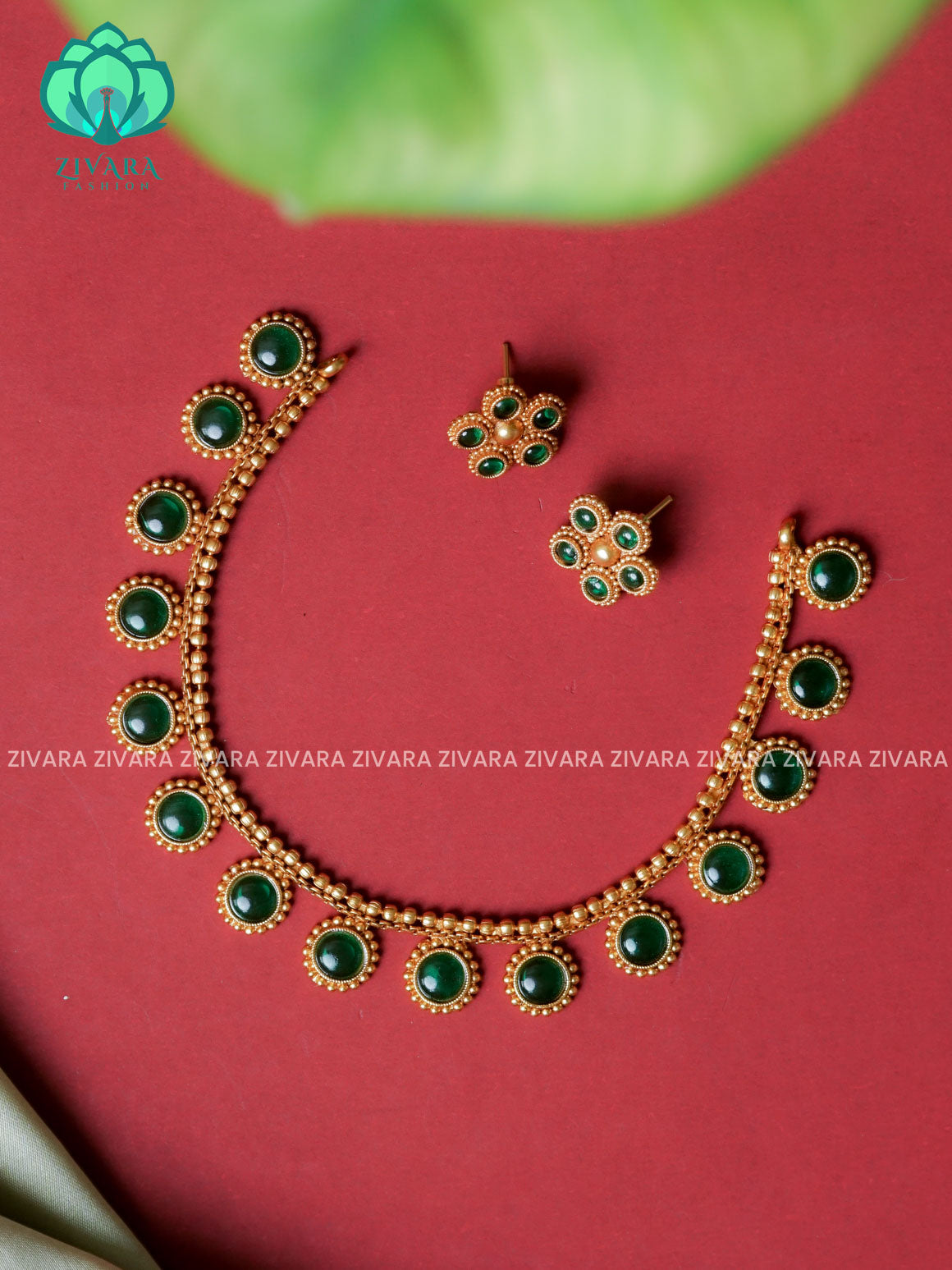 GREEN - CIRCLE MOTIF- -Traditional south indian NORMAL MATTE  neckwear with earrings- Zivara Fashion- latest jewellery design.