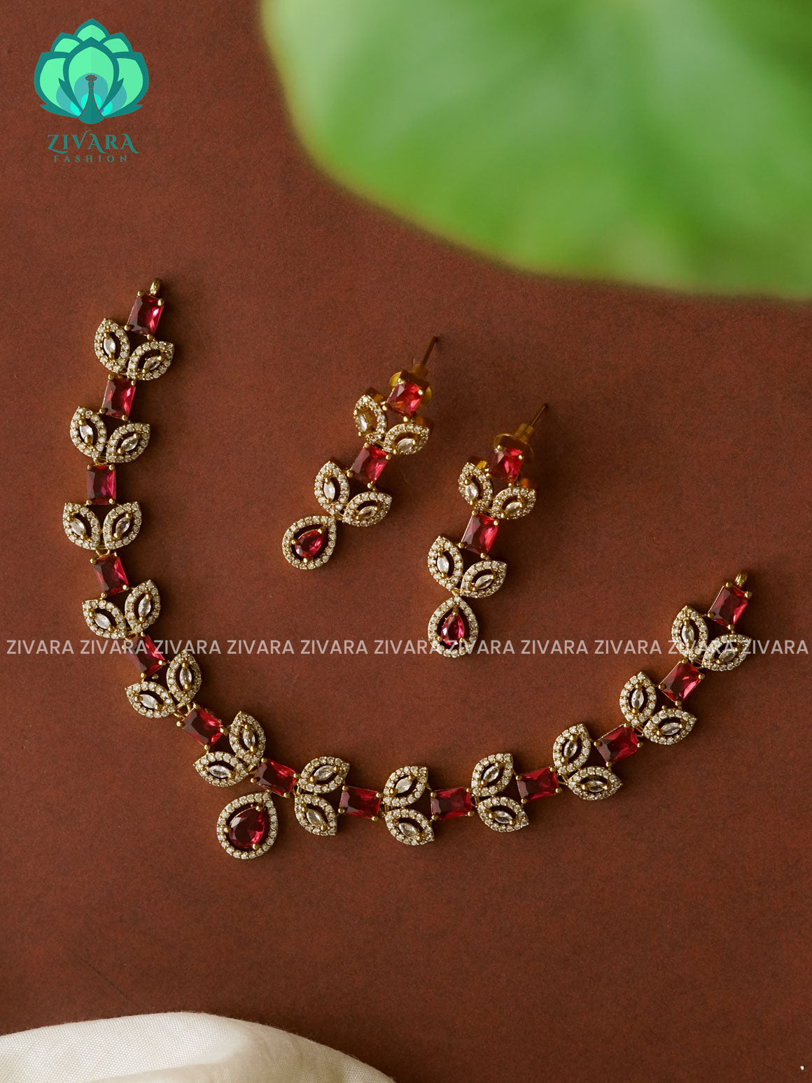 RUBY- TEAR WITH LEAF - stylish and minimal elegant neckwear with earrings- Zivara Fashion