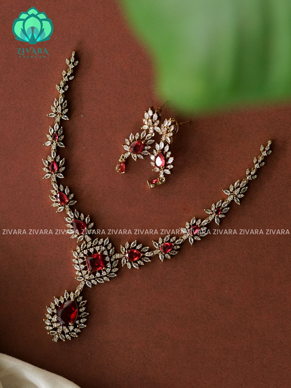 RUBY - TEAR PENDANT- SUBTLE GOLD POLISH stylish and minimal elegant neckwear with earrings- Zivara Fashion