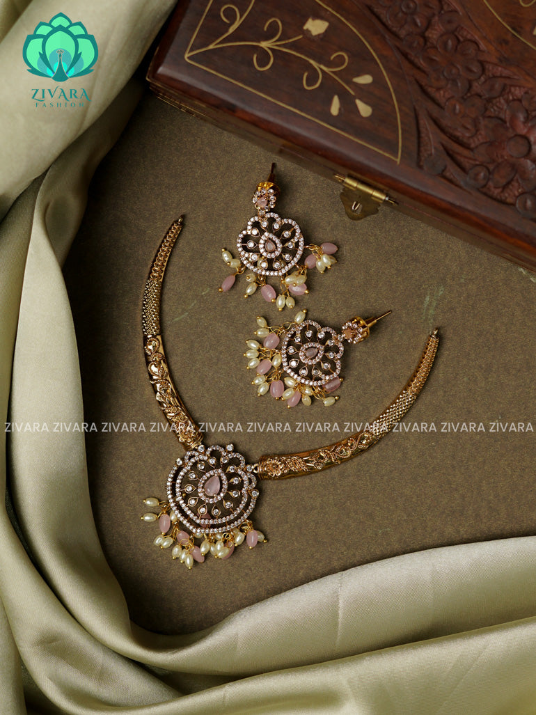 PASTEL PINK - HASLI -Traditional south indian premium neckwear with earrings- Zivara Fashion- latest jewellery design.