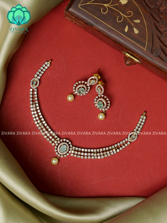 PASTEL GREEN DIAMOND LOOK ALIKE  - stylish and minimal elegant neckwear with earrings- Zivara Fashion