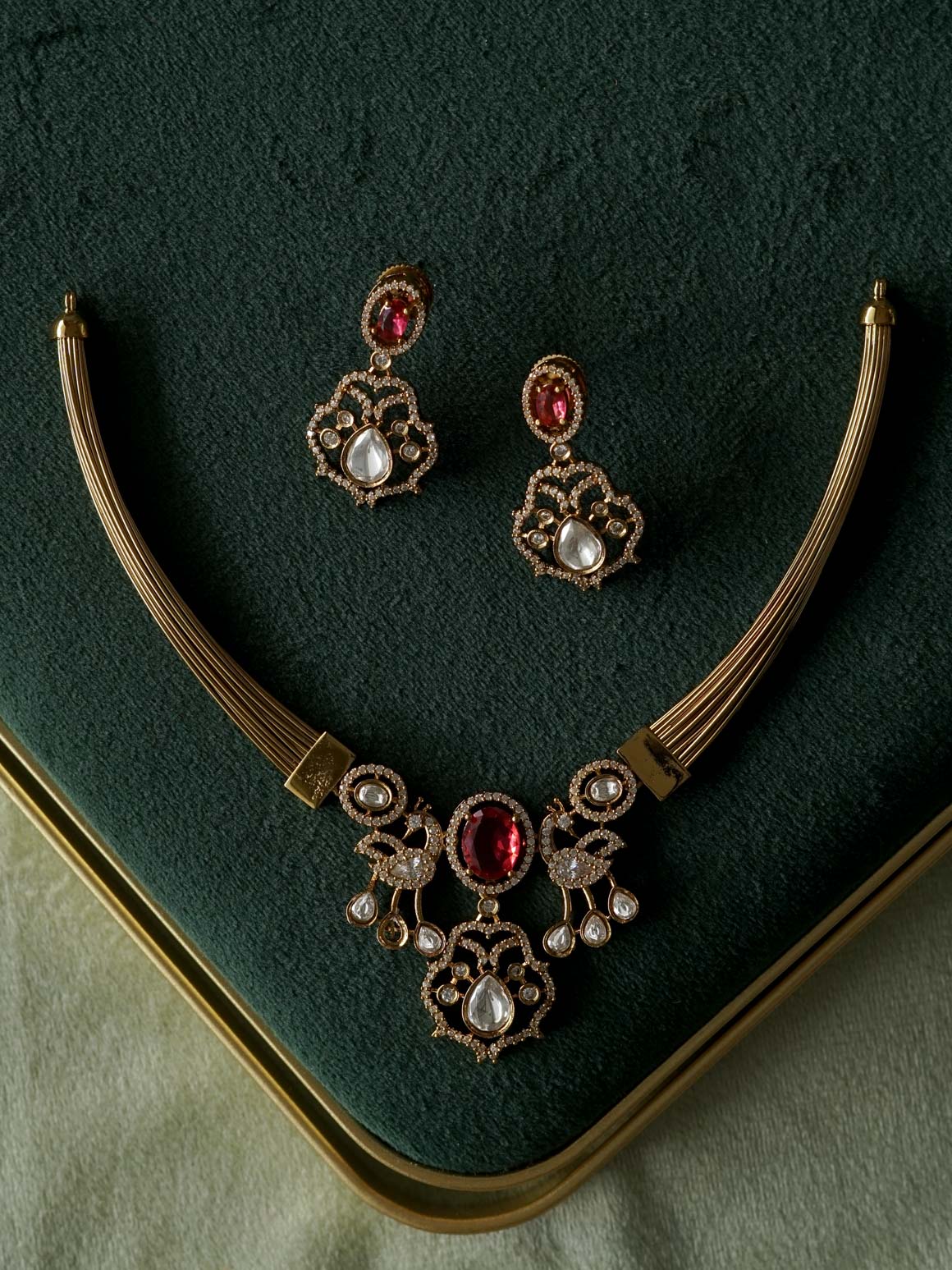 RUBY PEACOCK HASLI - premium matte NECKWEAR  with earrings-latest south indian jewellery