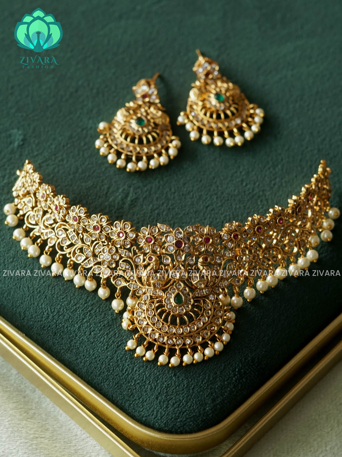 PEACOCK BRIDAL CHOKER WITH EARINGS - CZ matte finish- Zivara Fashion