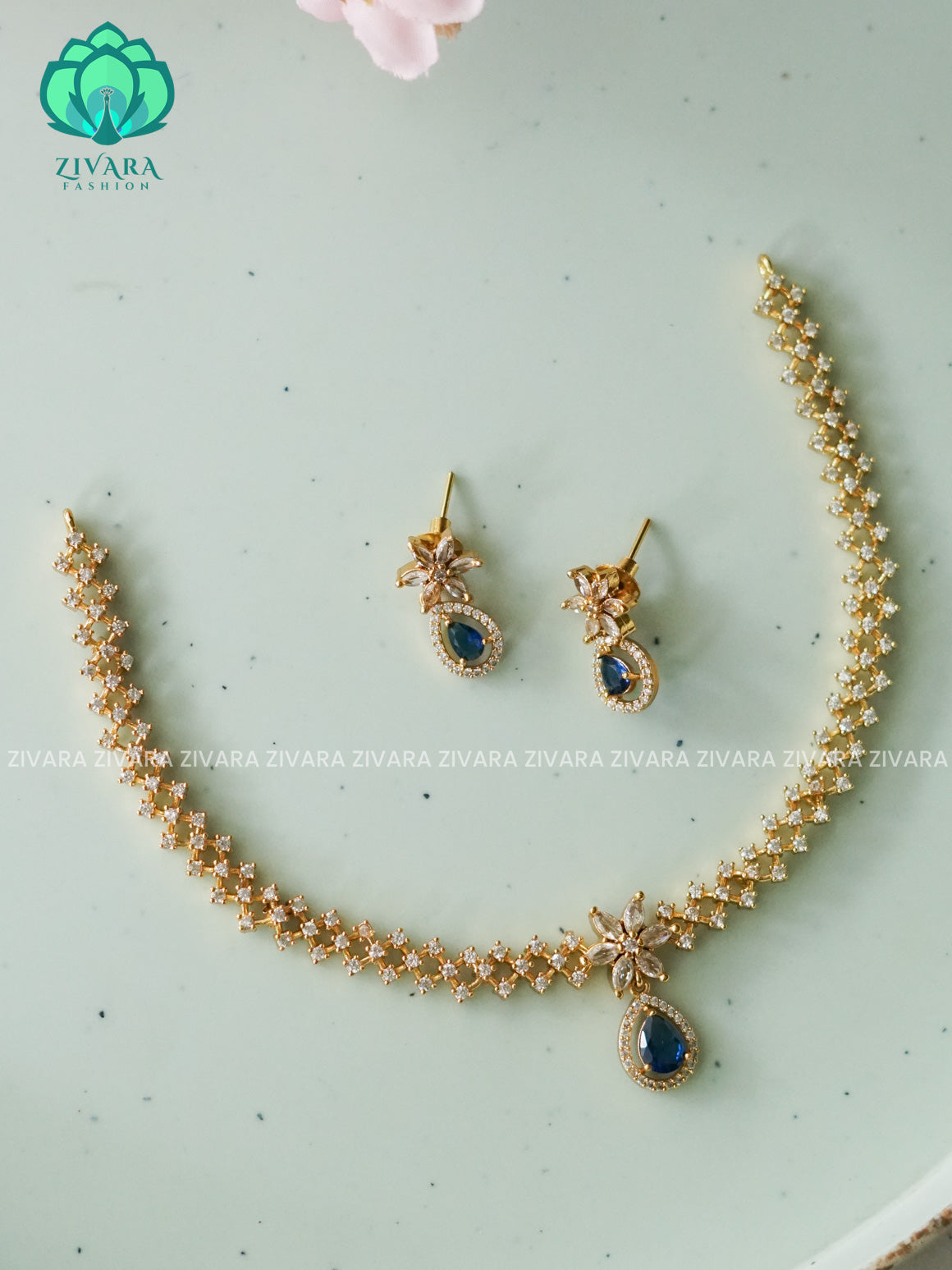 BLUE HOTSELLING TEAR DROP  -PREMIUM SUBTLE GOLD FINISH  stylish and minimal elegant neckwear with earrings- Zivara Fashion