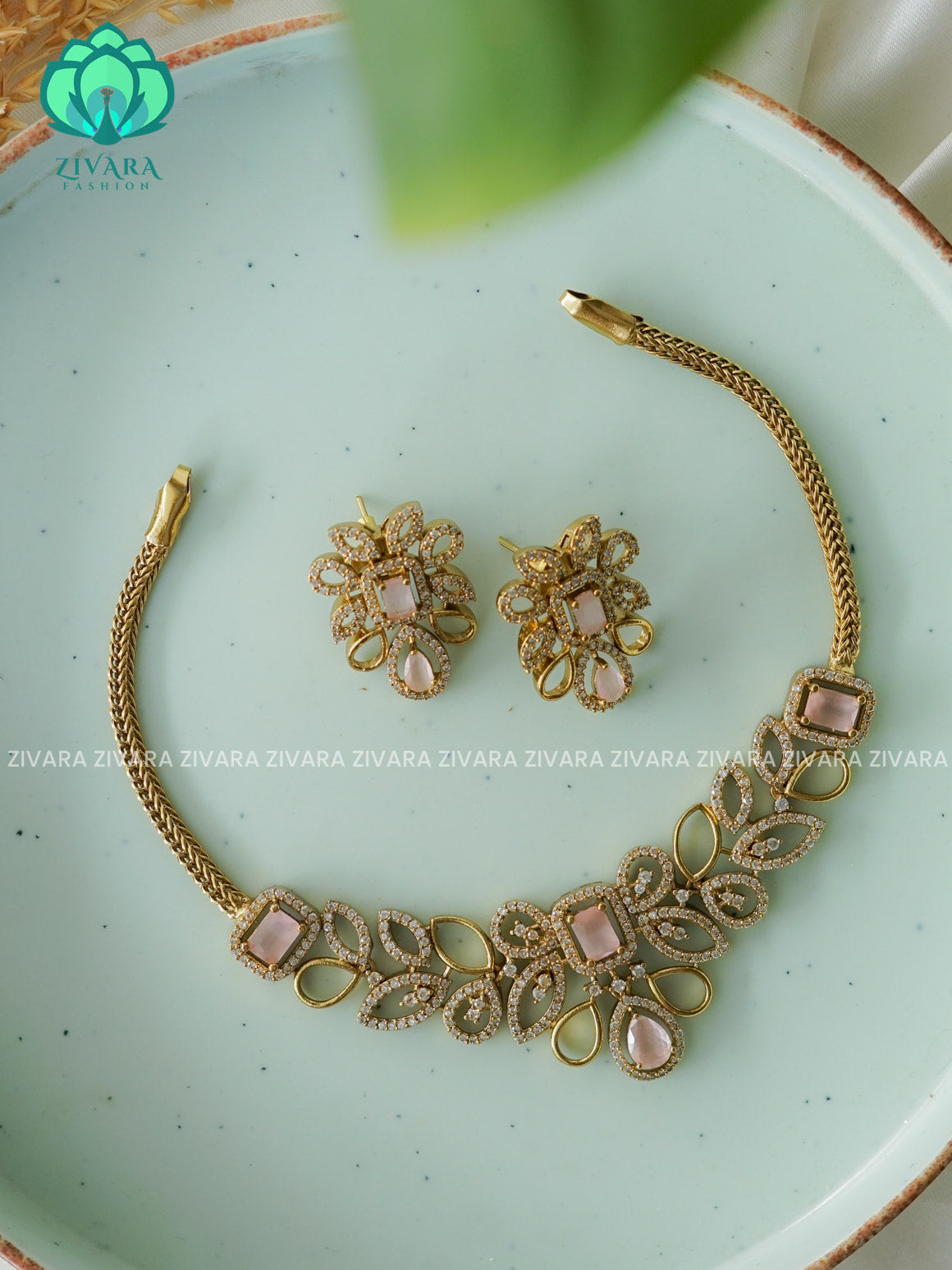 Pink-  Flexible chain leafy pendant   -Traditional south indian premium neckwear WITH earrings- Zivara Fashion- latest jewellery design