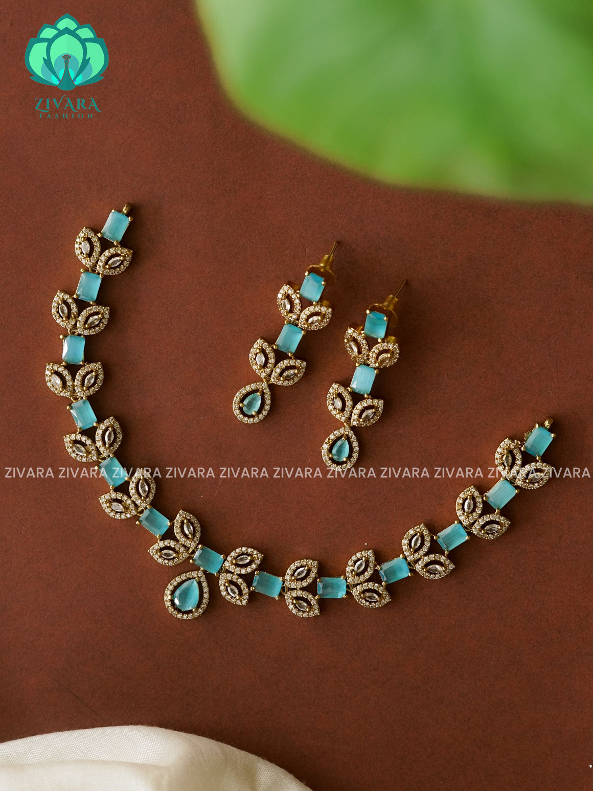 BLUE  - TEAR WITH LEAF - stylish and minimal elegant neckwear with earrings- Zivara Fashion