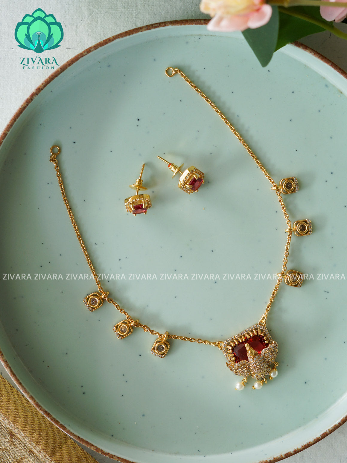 RUBY PEACOCK FLEXIBLE CHAIN  Traditional south indian NORMAL MATTE neckwear  - Zivara Fashion