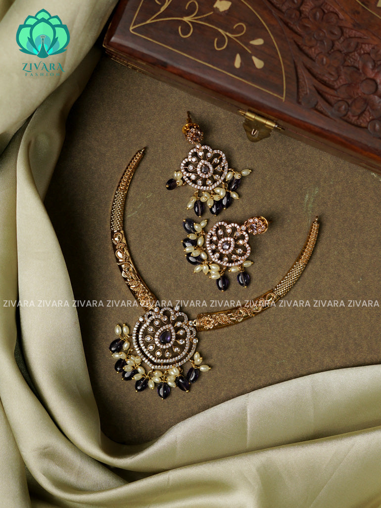 PURPLE - HASLI -Traditional south indian premium neckwear with earrings- Zivara Fashion- latest jewellery design.