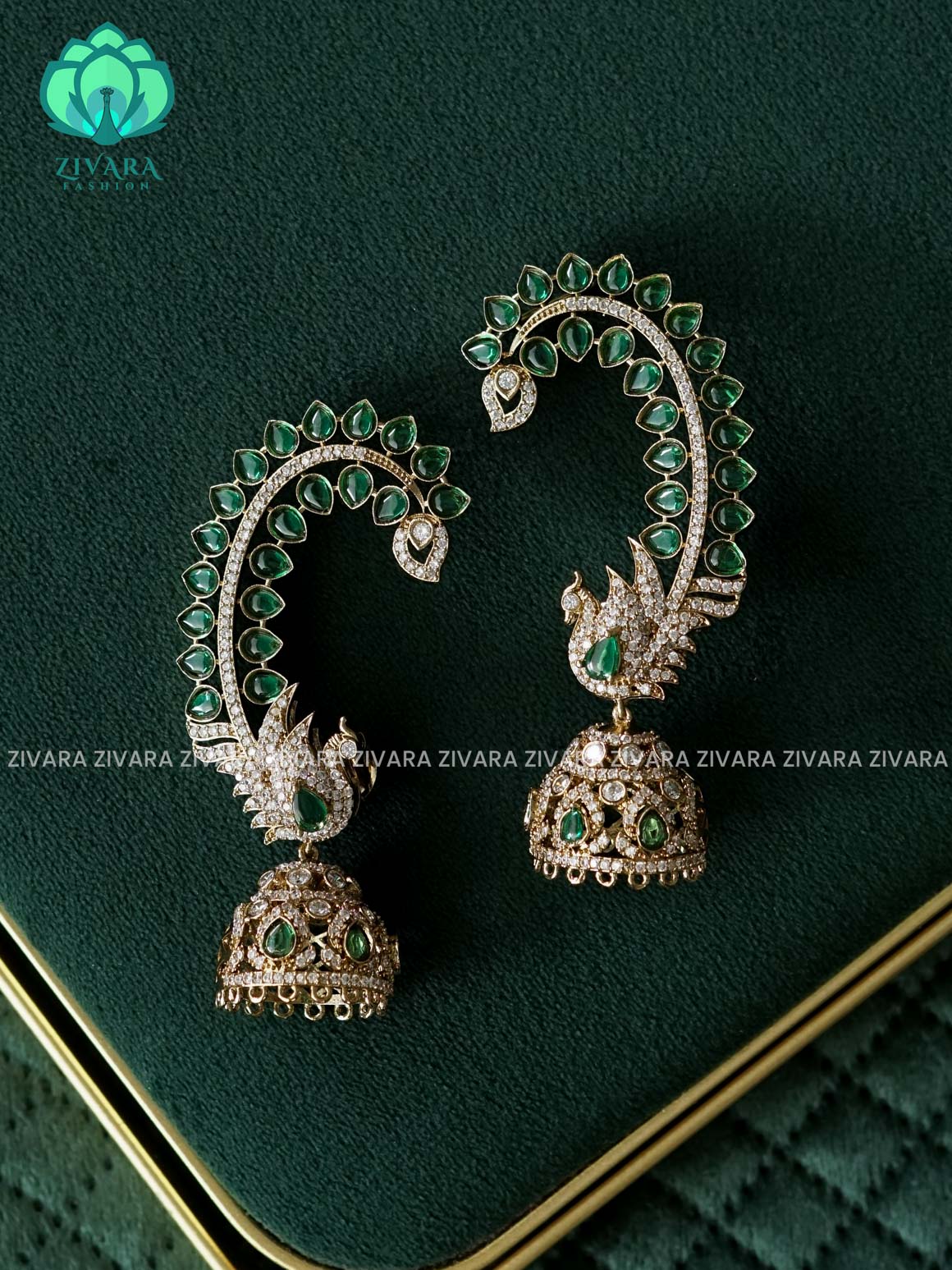 GREEN WHITE  REAL KEMP STONE PEACOCK EARCUFF JHUMKA VICTORIAN POLISH- latest jewellery collection- zivara fashion