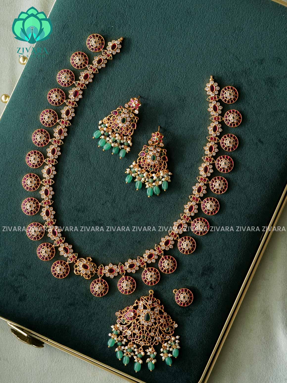 REAL KEMP GRAND BRIDAL BUTTA  REMOVABLE PENDANT WITH GREEN BEADS HANGINGS - Traditional PREMIUM MATTE polish MIDCHEST haaram/neckwear with earrings- Zivara Fashion