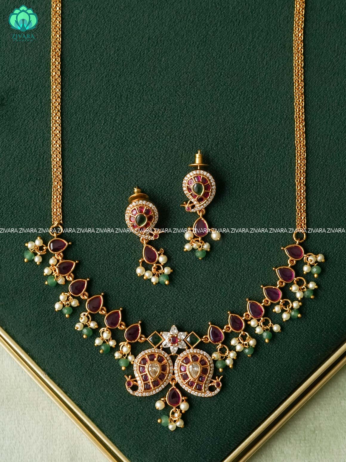 REAL KEMP MANGO - FLEXIBLE CHAIN  - Traditional south indian premium neckwear with earrings - Zivara Fashion- latest jewellery design