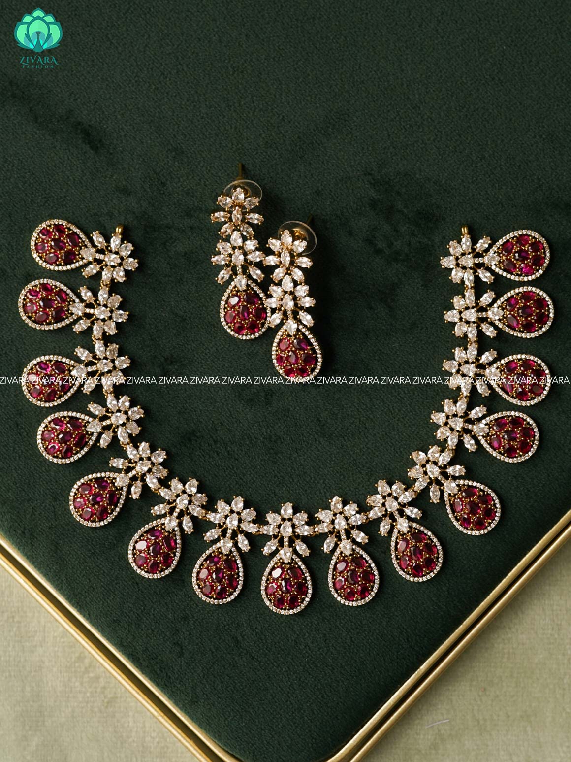 AKSHAYAM - RUBY STONE TEAR STYLE FLORAL NECKWEAR WITH EARRINGS - Premium quality collection-south indian jewellery