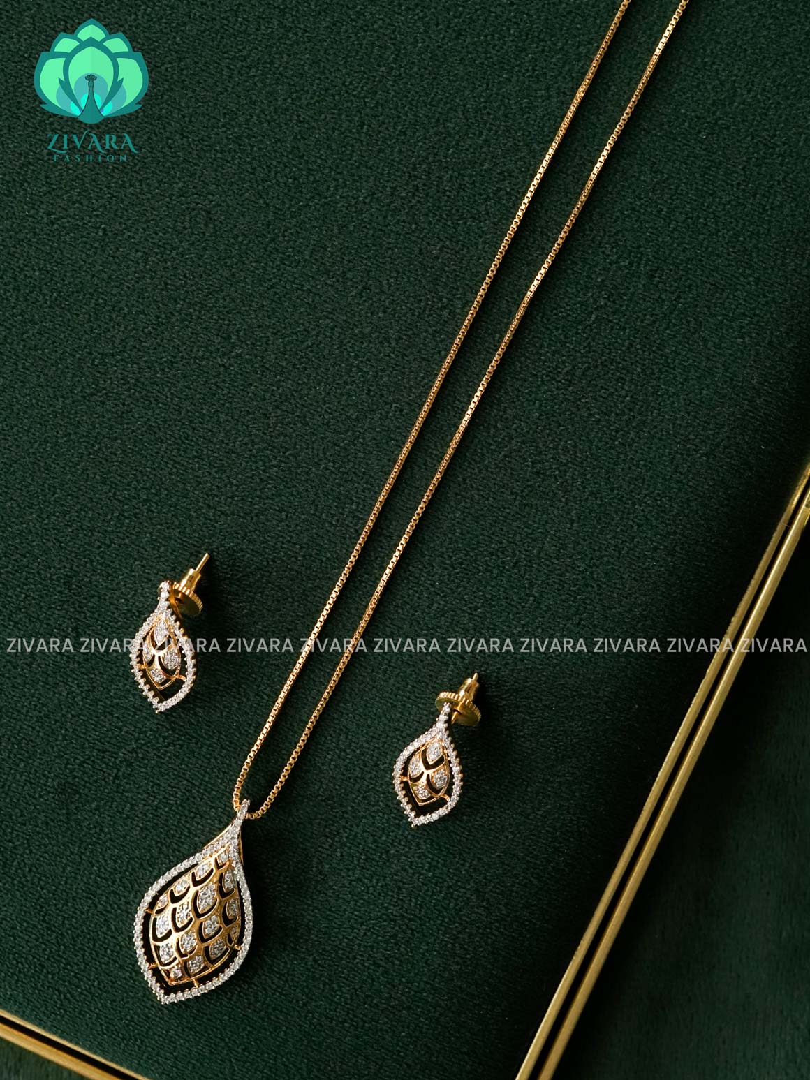 Zyra- Diamond replica Gold polish-pendant set and earrings ( CHAIN COMPLIMENTARY)  -Trending office wear jewellery-Zivara fashion