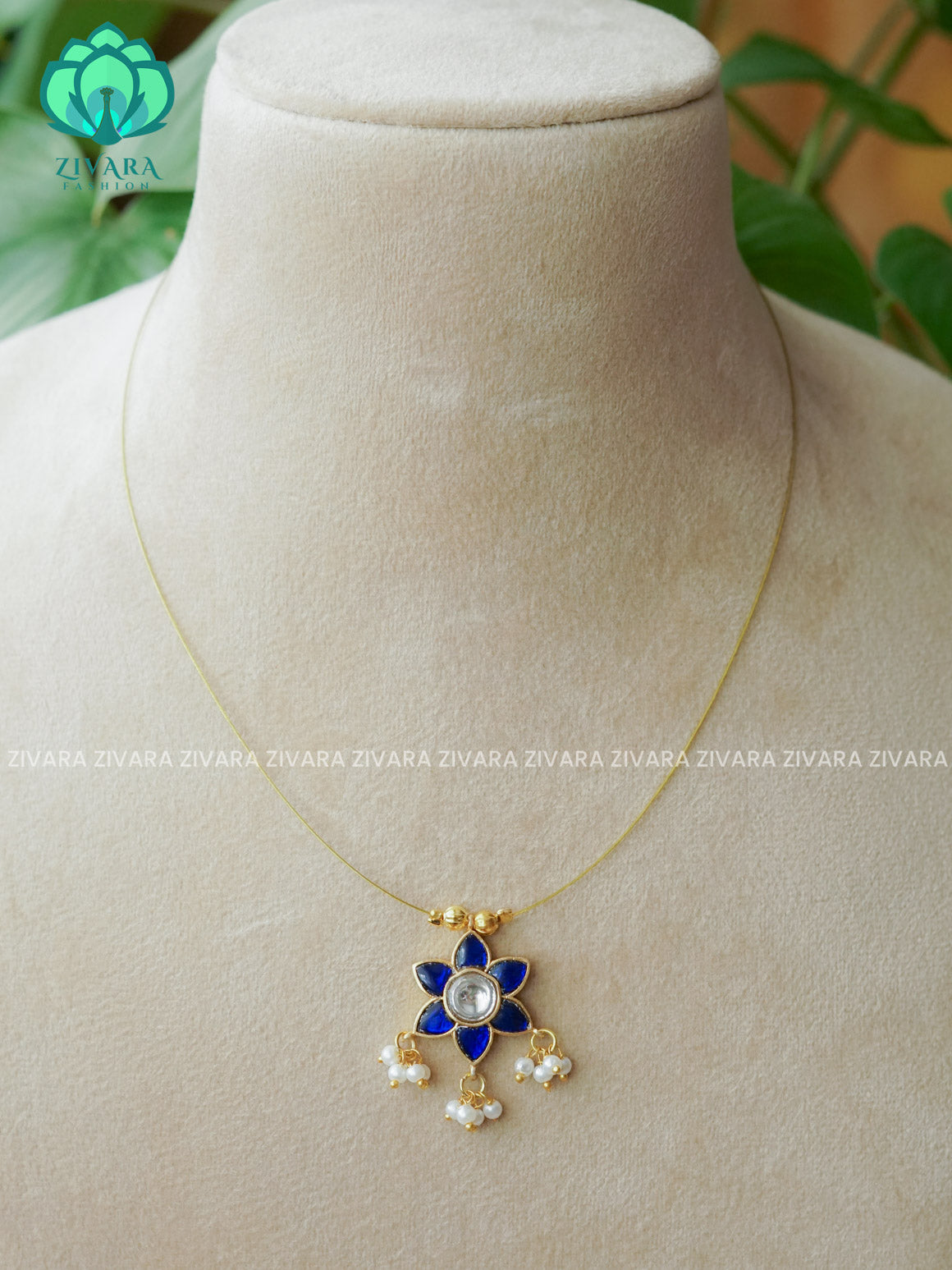 BLUE FLOWER JADAU TAMARA INVISIBLE MINIMAL ELEGANT HANDMADE NECKLACE WITH BRILLIANT FINISH MOTIFS- ZIVARA FASHION