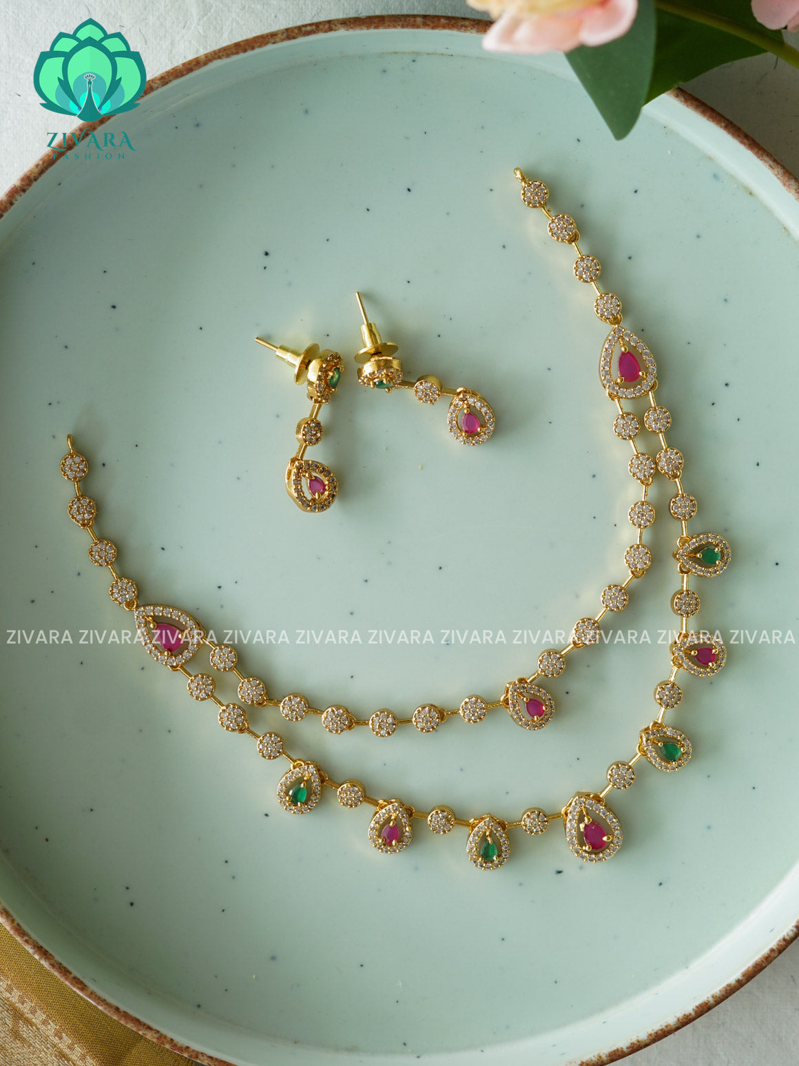 RUBY GREEN STEP STONE- stylish and minimal elegant neckwear with earrings- Zivara Fashion