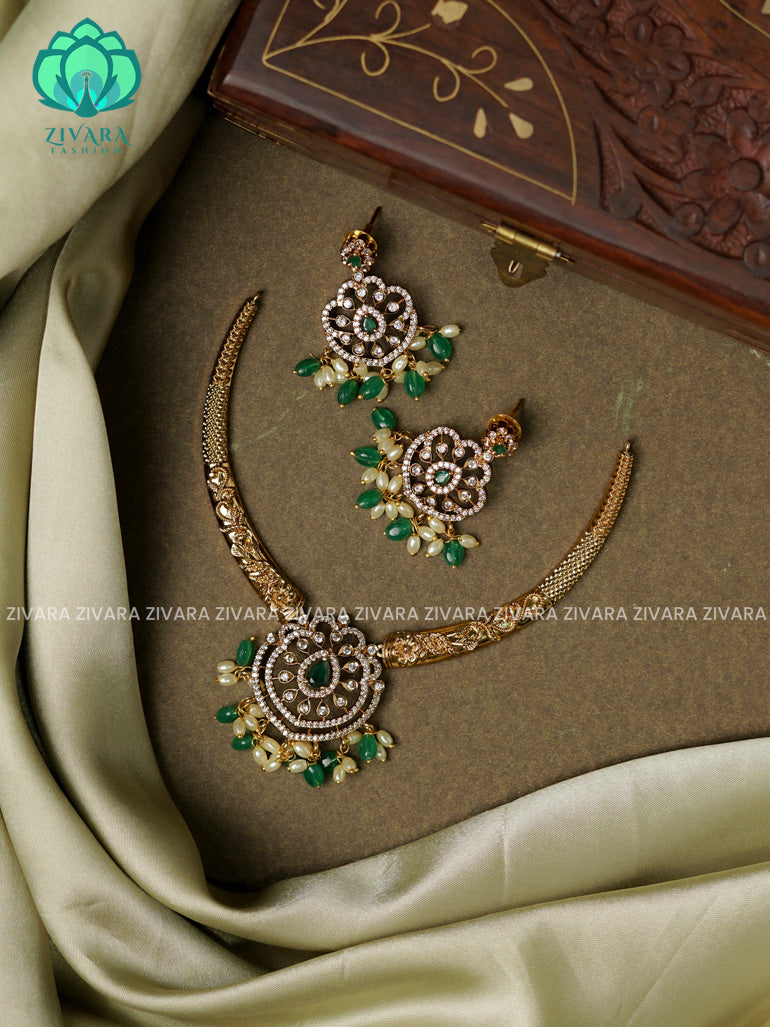 GREEN- HASLI -Traditional south indian premium neckwear with earrings- Zivara Fashion- latest jewellery design.