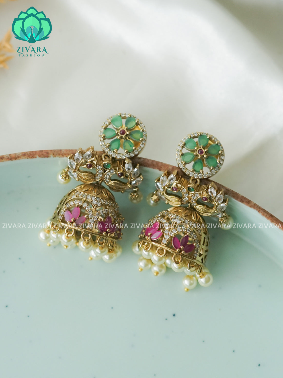 Medium size bridal AD - TRADITIONAL PREMIUM MATTE  polish JHUMKA- latest jewellery collection- zivara fashion