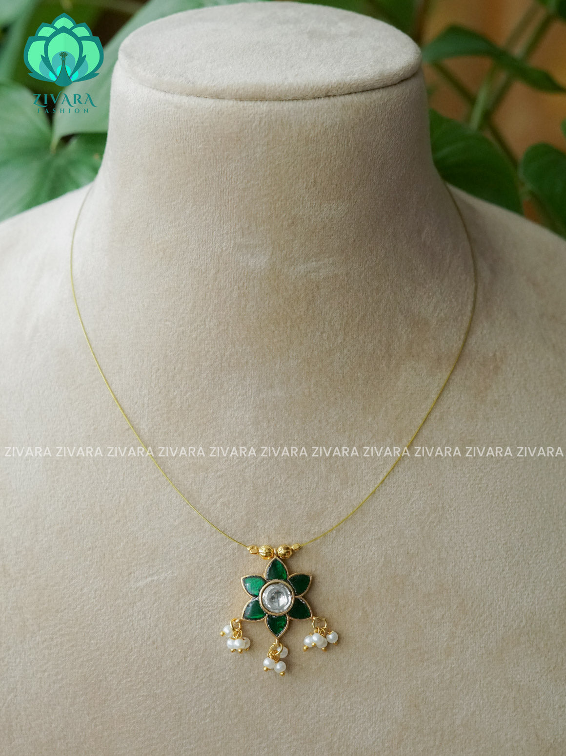 GREEN WHITE - FLOWER JADAU TAMARA INVISIBLE MINIMAL ELEGANT HANDMADE NECKLACE WITH BRILLIANT FINISH MOTIFS- ZIVARA FASHION