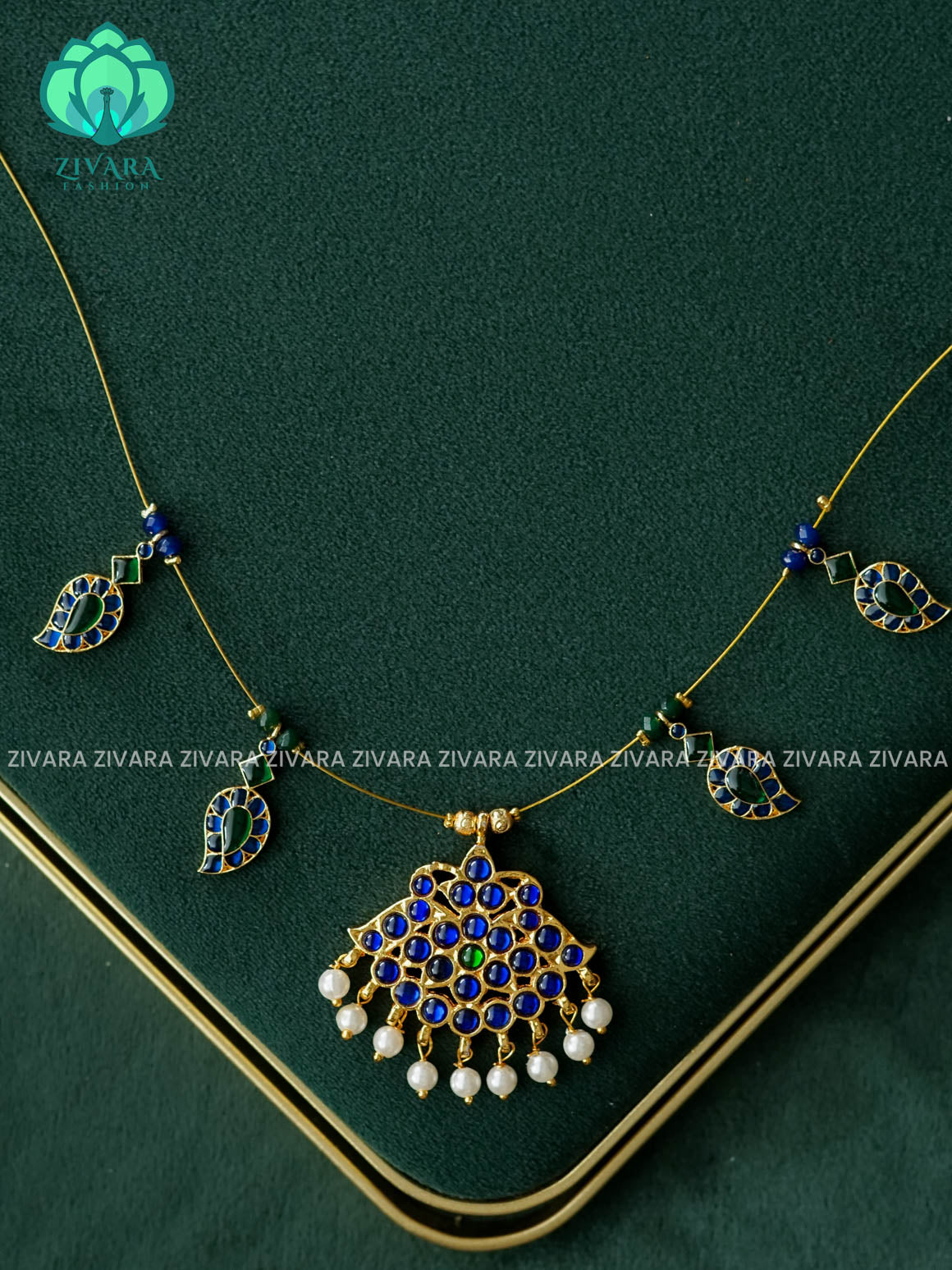 BLUE AND GREEN MOON  WITH KEMP PENTANT -TAMARA INVISIBLE MINIMAL ELEGANT HANDMADE NECKLACE WITH BRILLIANT FINISH MOTIFS- ZIVARA FASHION