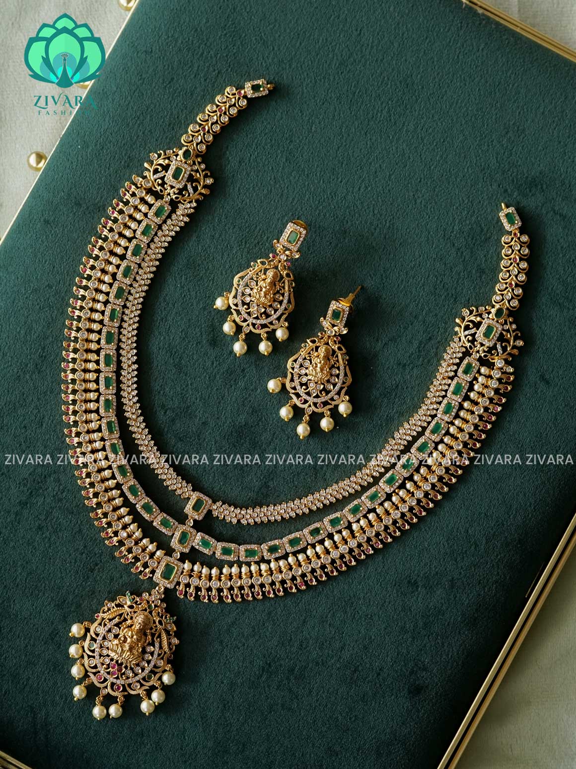 3 LAYER GREEN STONE TEMPLE VINATGE - Traditional PREMIUM MATTE polish MIDCHEST haaram/neckwear with earrings- Zivara Fashion