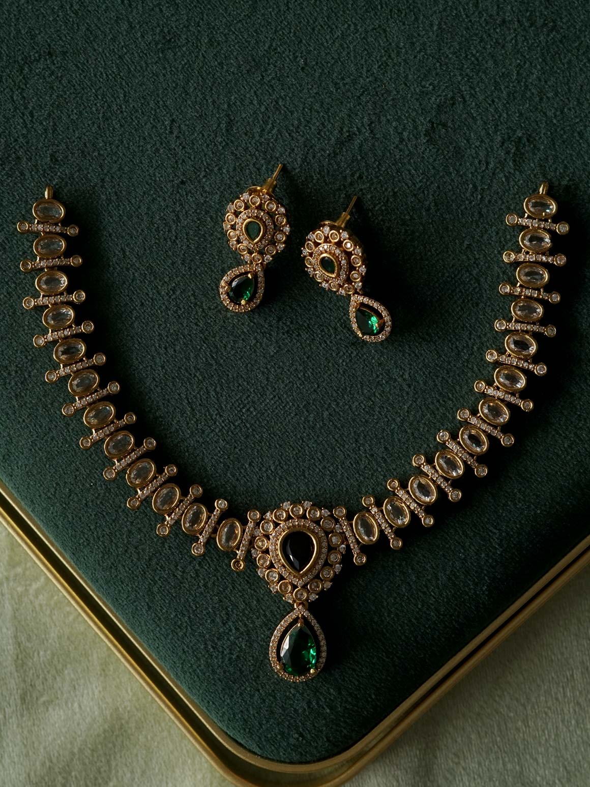 GREEN TEAR & OVAL  - SUBTLE POLISH stylish and minimal elegant neckwear with earrings- Zivara Fashion