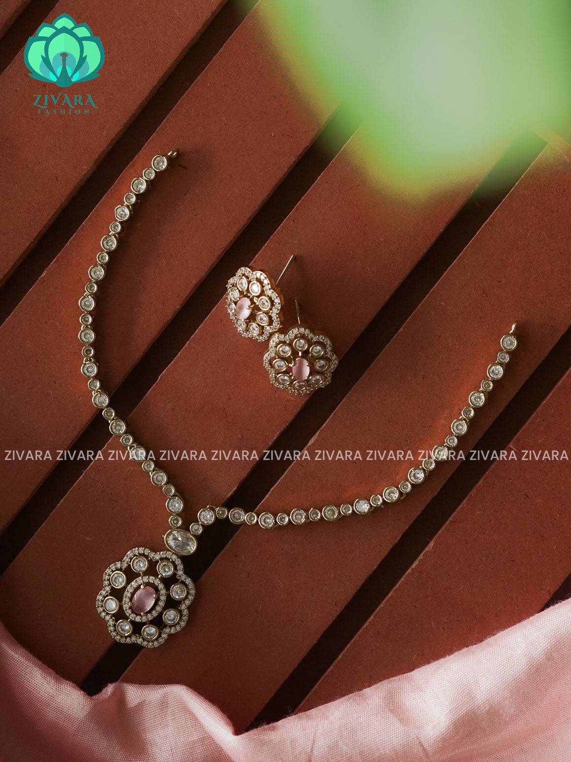 PASTEL PINK-  HOT SELLING FLOWER PENDANT -SUBTLE GOLD POLISH  stylish and minimal elegant neckwear with earrings- Zivara Fashion