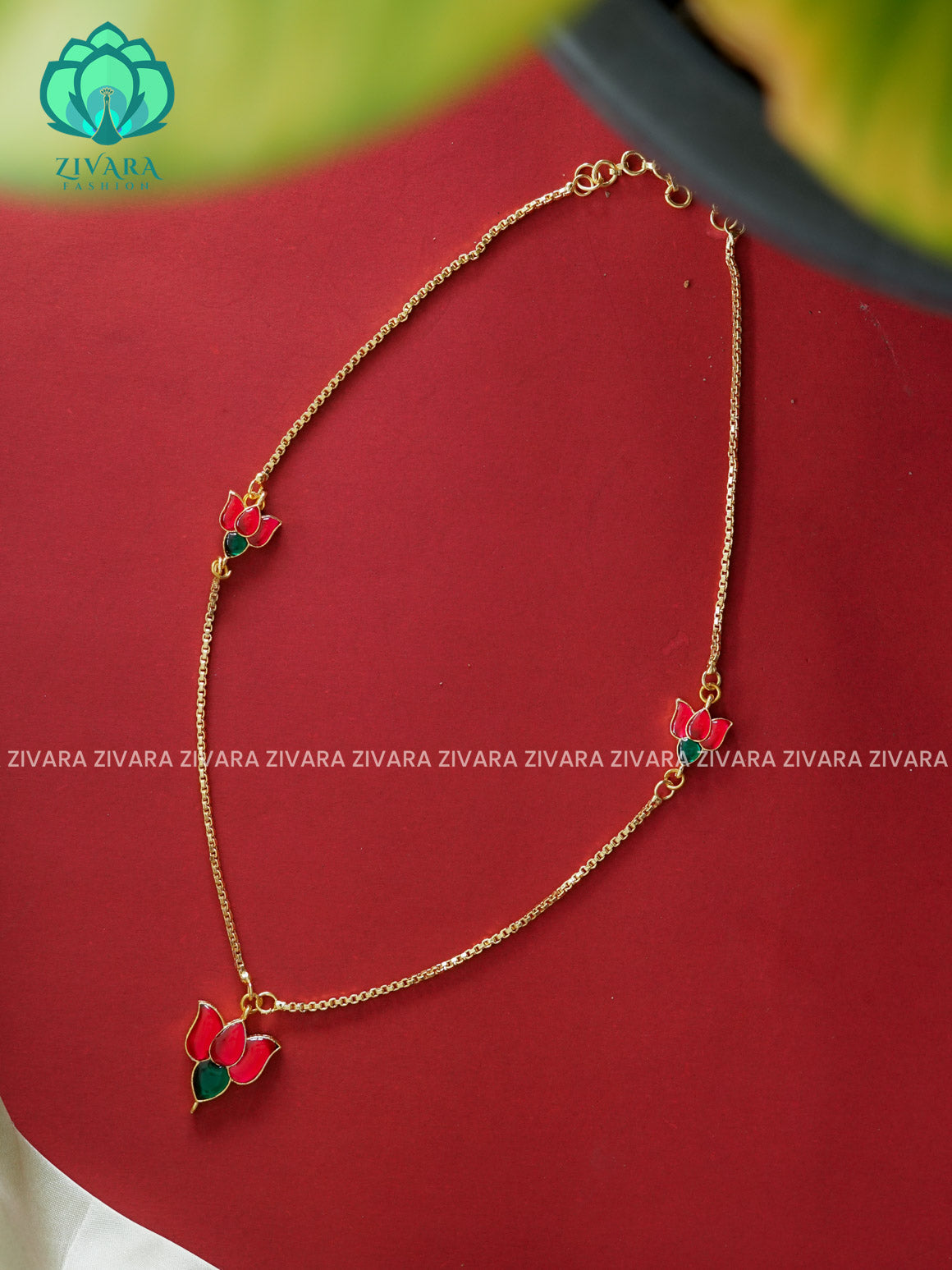 PINK AND GREEN - TAMARA-  LOTUS HANDMADE NECKLACE WITH BRILLIANT FINISH MOTIFS- ZIVARA FASHION