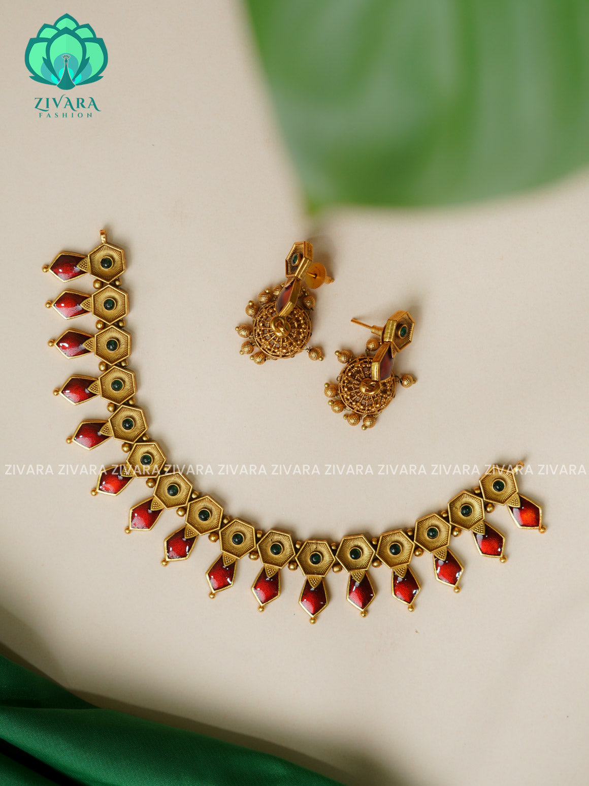 RED ENAMEL - Traditional south indian NORMAL MATTE PALLAKAD neckwear with earrings- Zivara Fashion- latest jewellery design