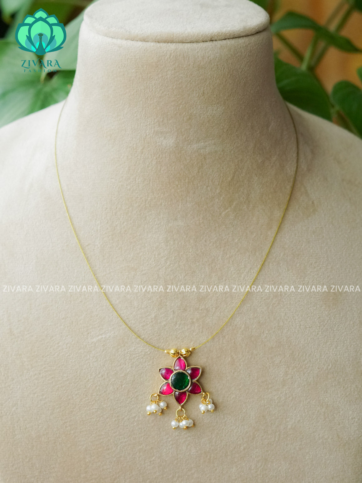 RUBY & GREEN - FLOWER JADAU TAMARA INVISIBLE MINIMAL ELEGANT HANDMADE NECKLACE WITH BRILLIANT FINISH MOTIFS- ZIVARA FASHION