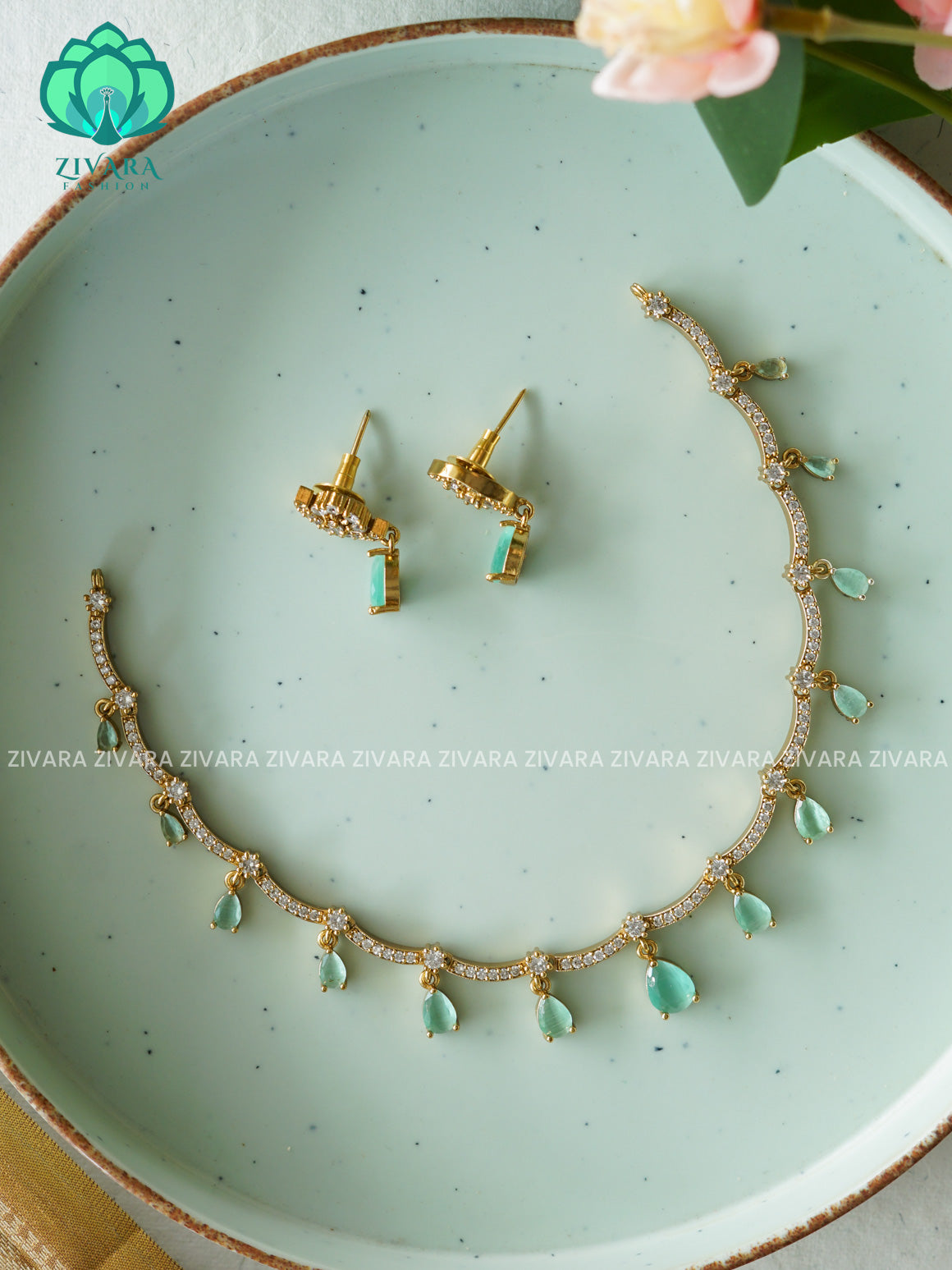 PASTEL GREEN TEAR GLAMOUROUS  -PREMIUM SUBTLE GOLD FINISH  stylish and minimal elegant neckwear with earrings- Zivara FashioN