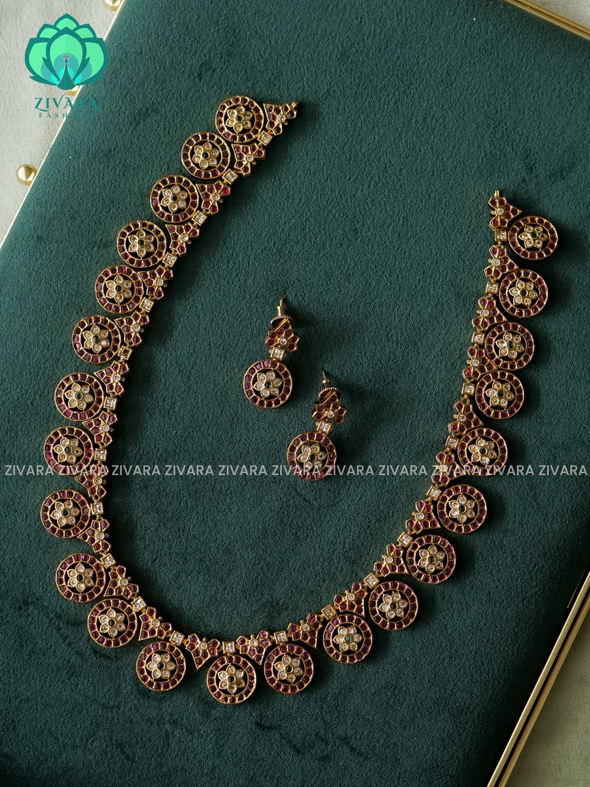 REAL KEMP MOTIF FREE BRIDAL BUTTA - Traditional PREMIUM MATTE polish MIDCHEST haaram/neckwear with earrings- Zivara Fashion