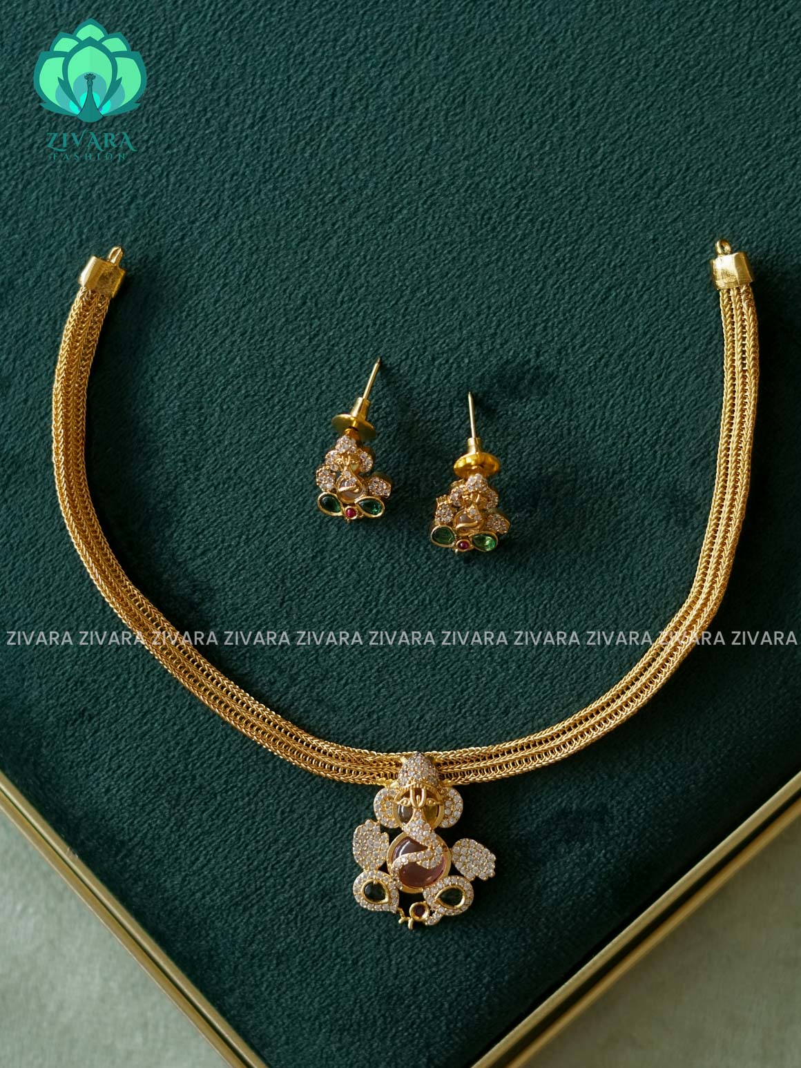 CUTE GANESHA PENDANT Flexible chain  -Traditional south indian premium neckwear with earrings- Zivara Fashion- latest jewellery design