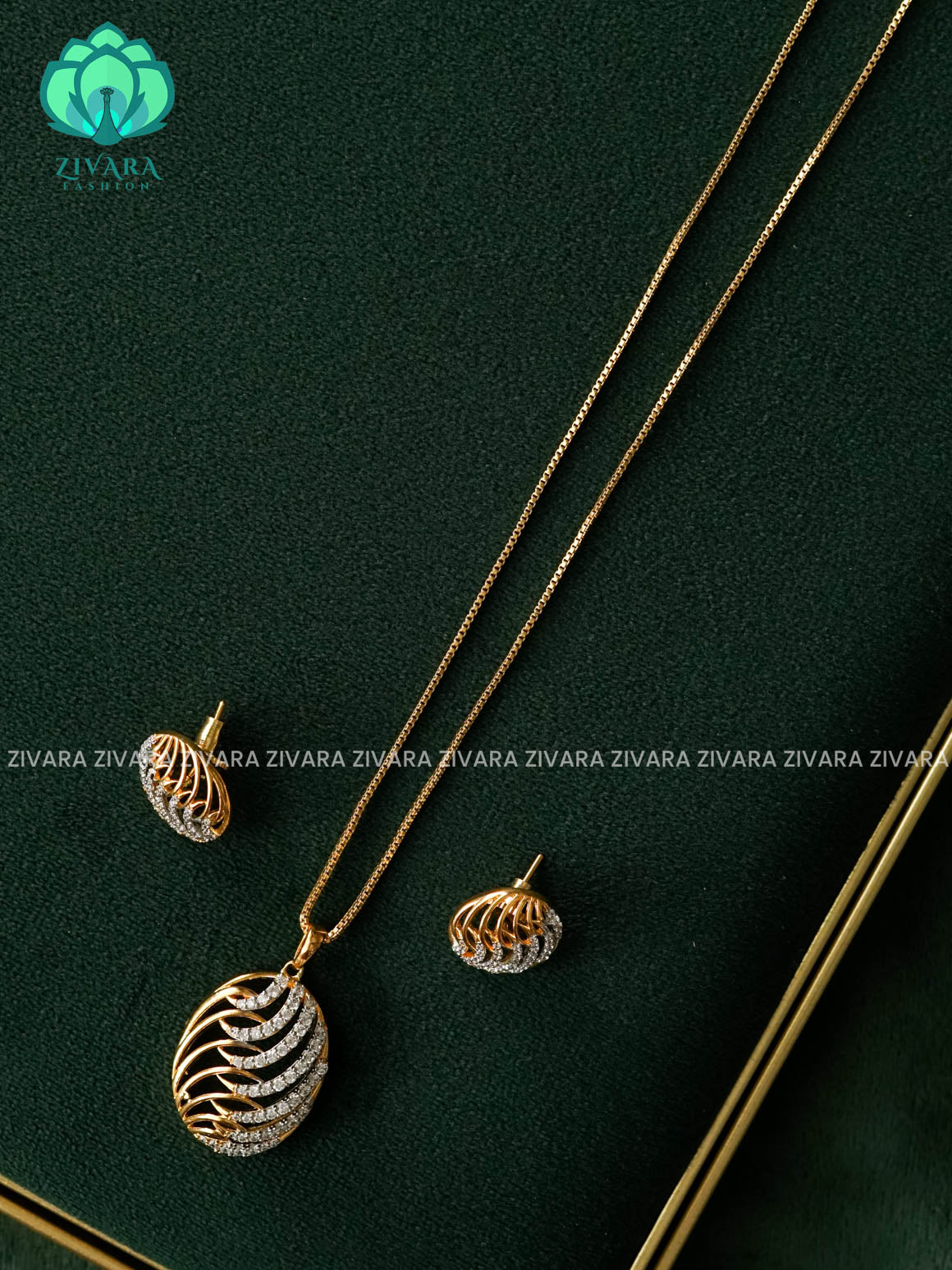 Zyra- Diamond replica Gold polish-pendant set and earrings ( CHAIN COMPLIMENTARY)  -Trending office wear jewellery-Zivara fashion