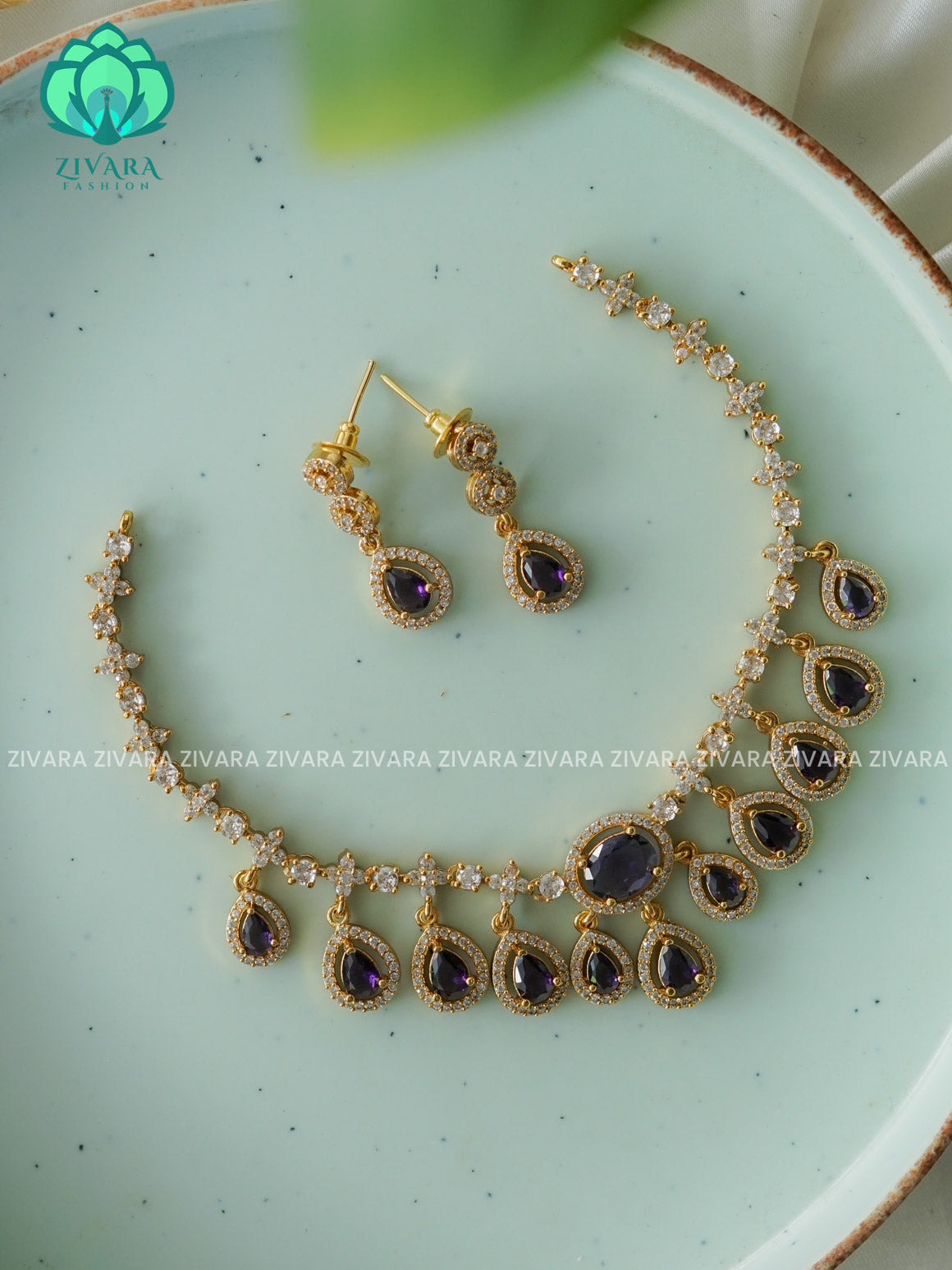 PURPLE  - Hanging tear - Trending  stylish and minimal elegant neckwear with earrings- Zivara Fashion