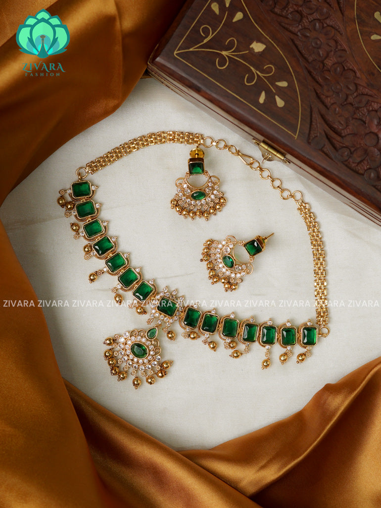 GREEN BOX MOTIF  -TRADITIONAL CHOKER COLLECTION WITH EARRINGS- LATEST JEWELLERY COLLECTION