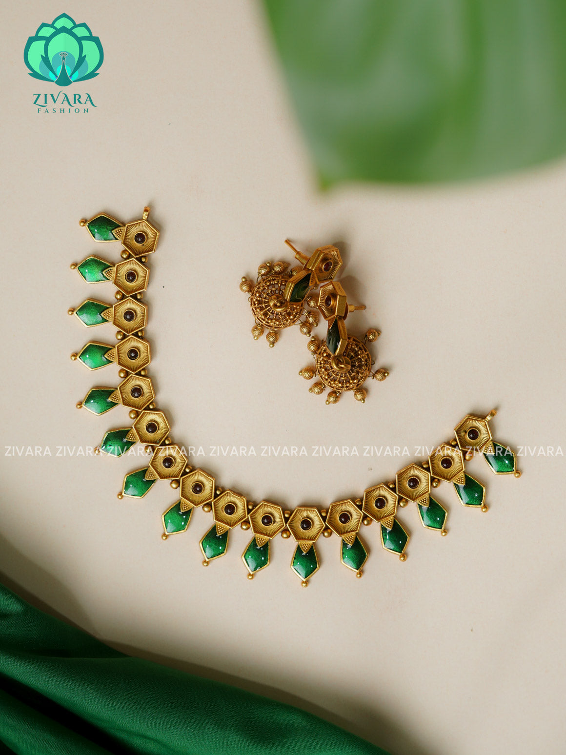 GREEN ENAMEL - Traditional south indian NORMAL MATTE PALLAKAD neckwear with earrings- Zivara Fashion- latest jewellery design