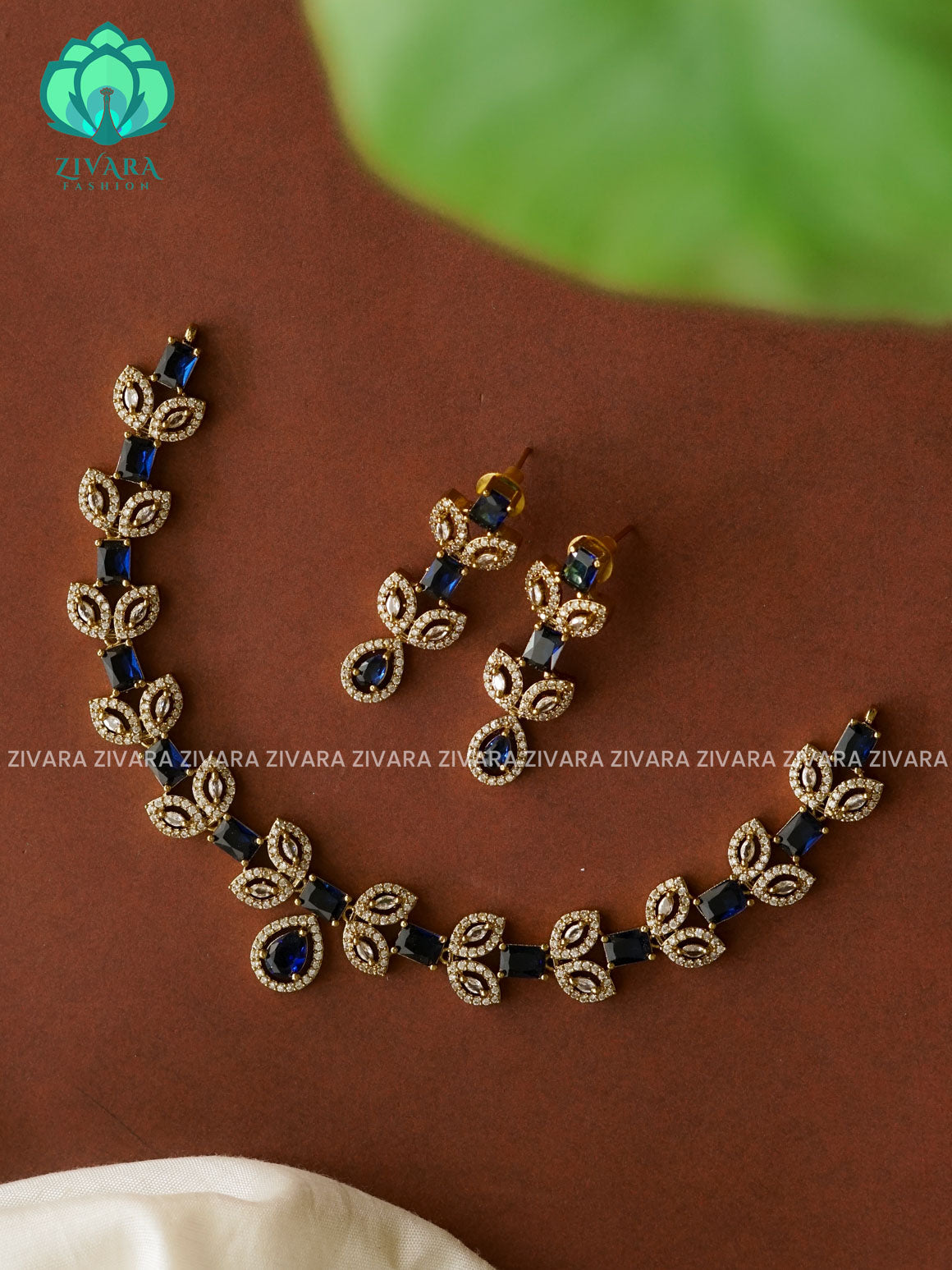 DARK BLUE  - TEAR WITH LEAF - stylish and minimal elegant neckwear with earrings- Zivara Fashion