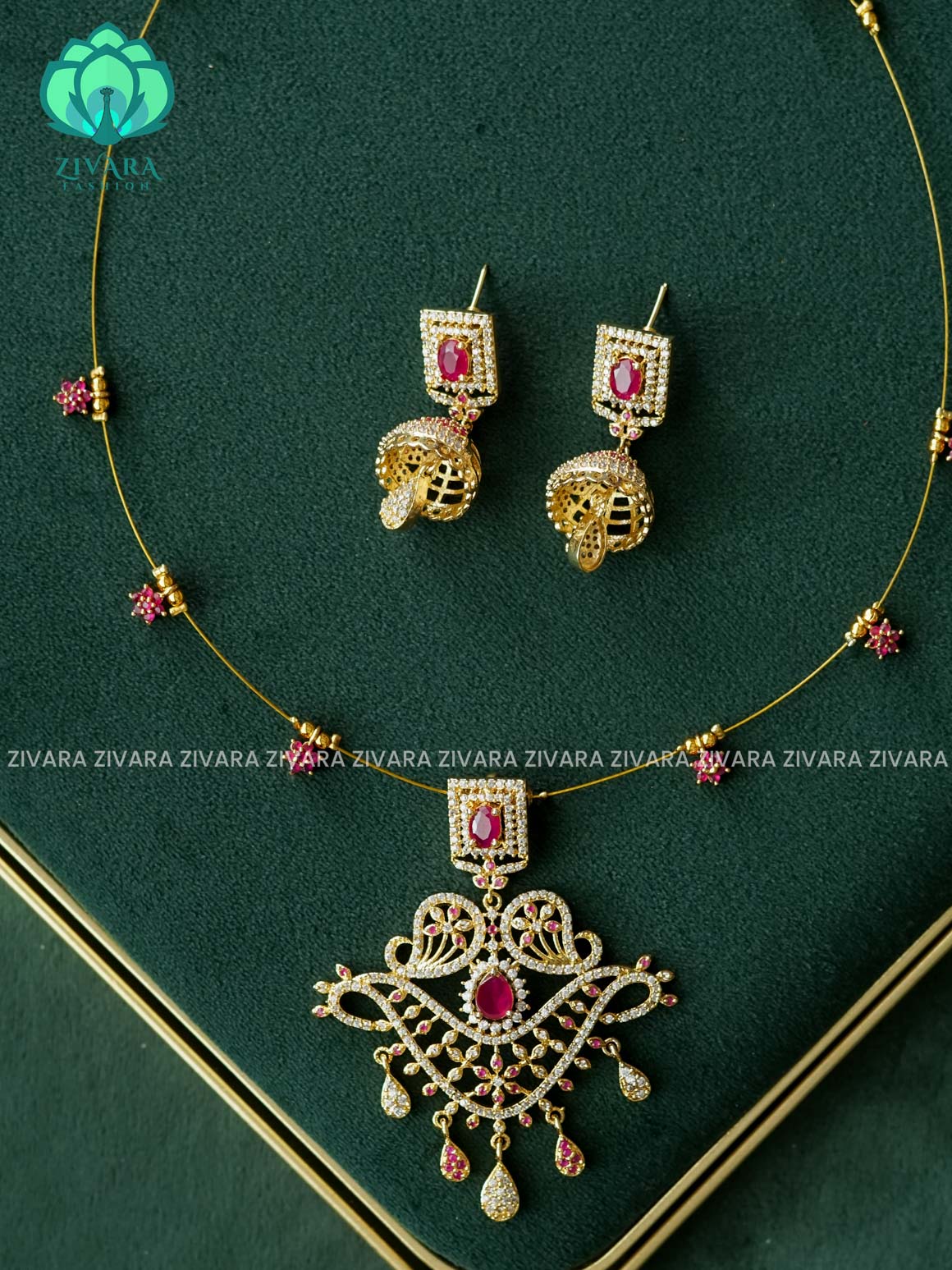 RUBY WHITE STAR WITH PENTANT - TAMARA  INVISIBLE MINIMAL ELEGANT HANDMADE NECKLACE WITH BRILLIANT FINISH MOTIFS  with earrings- ZIVARA FASHION