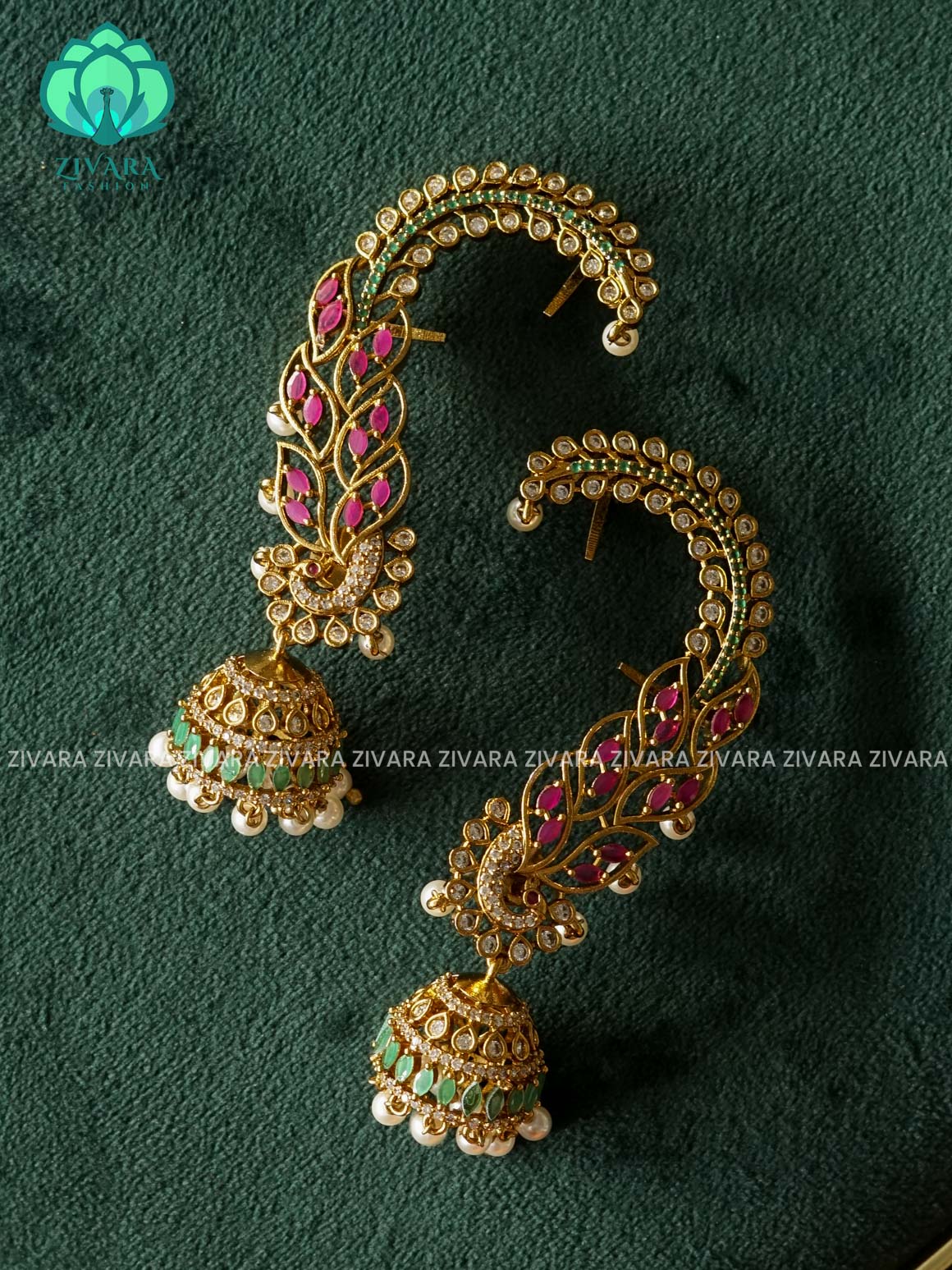 RUBY GREEN  PEACOCK EARCUFF JHUMKA - latest jewellery collection- zivara fashion